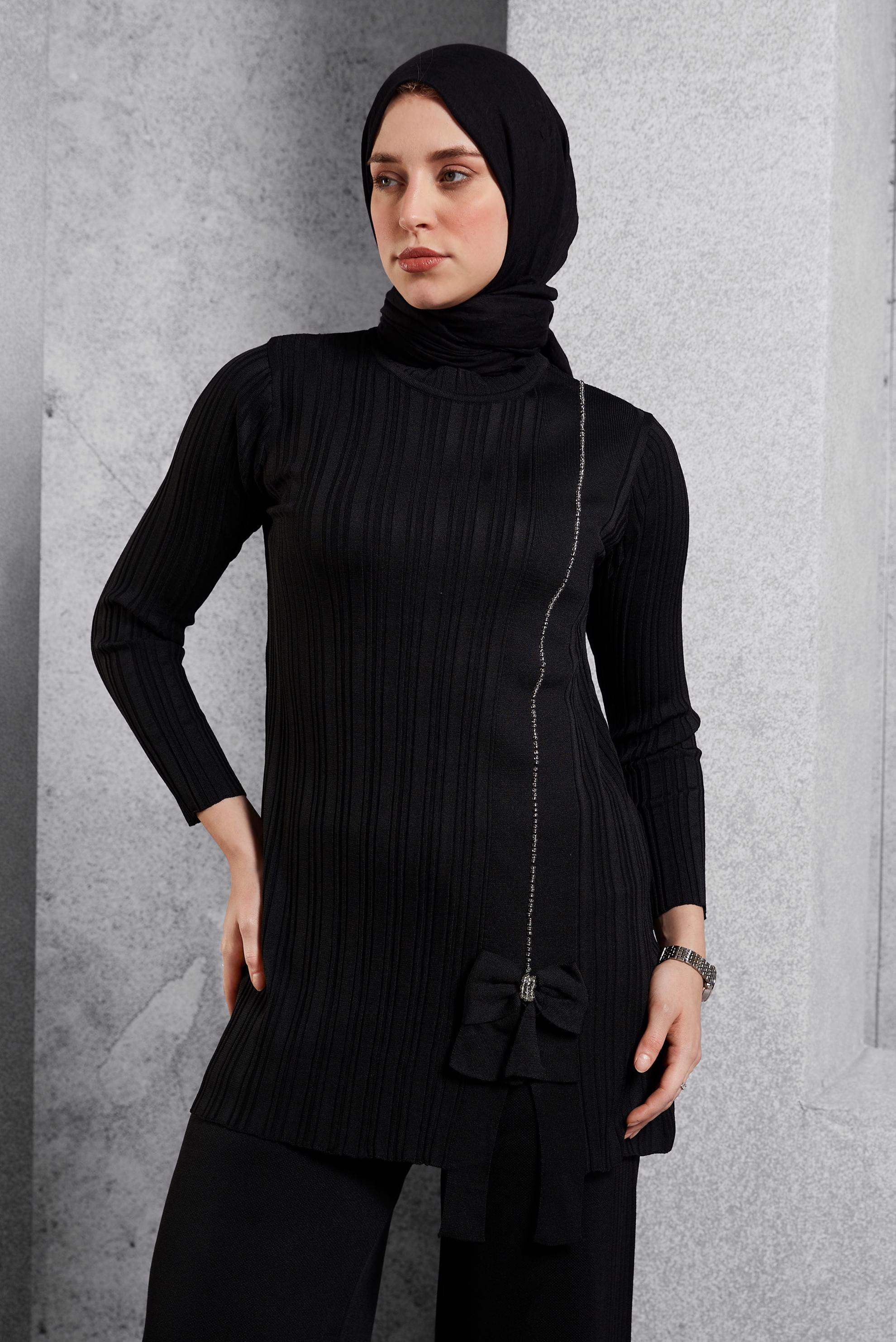 Tesettür giyim SİYAH TAŞ BASKILI PANTOLONLU TAKIM 44955