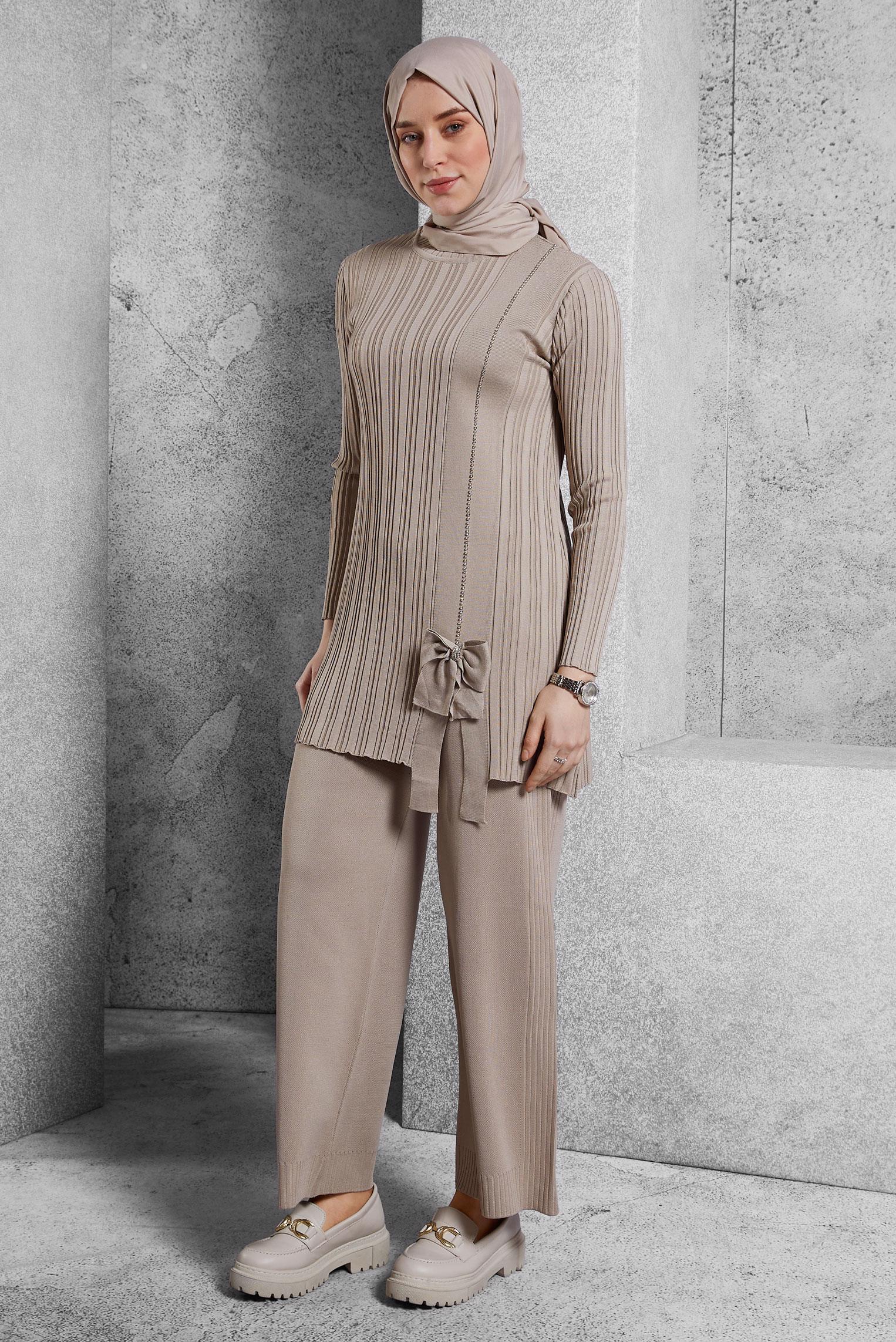Tesettür giyim BEJ TAŞ BASKILI PANTOLONLU TAKIM 44955