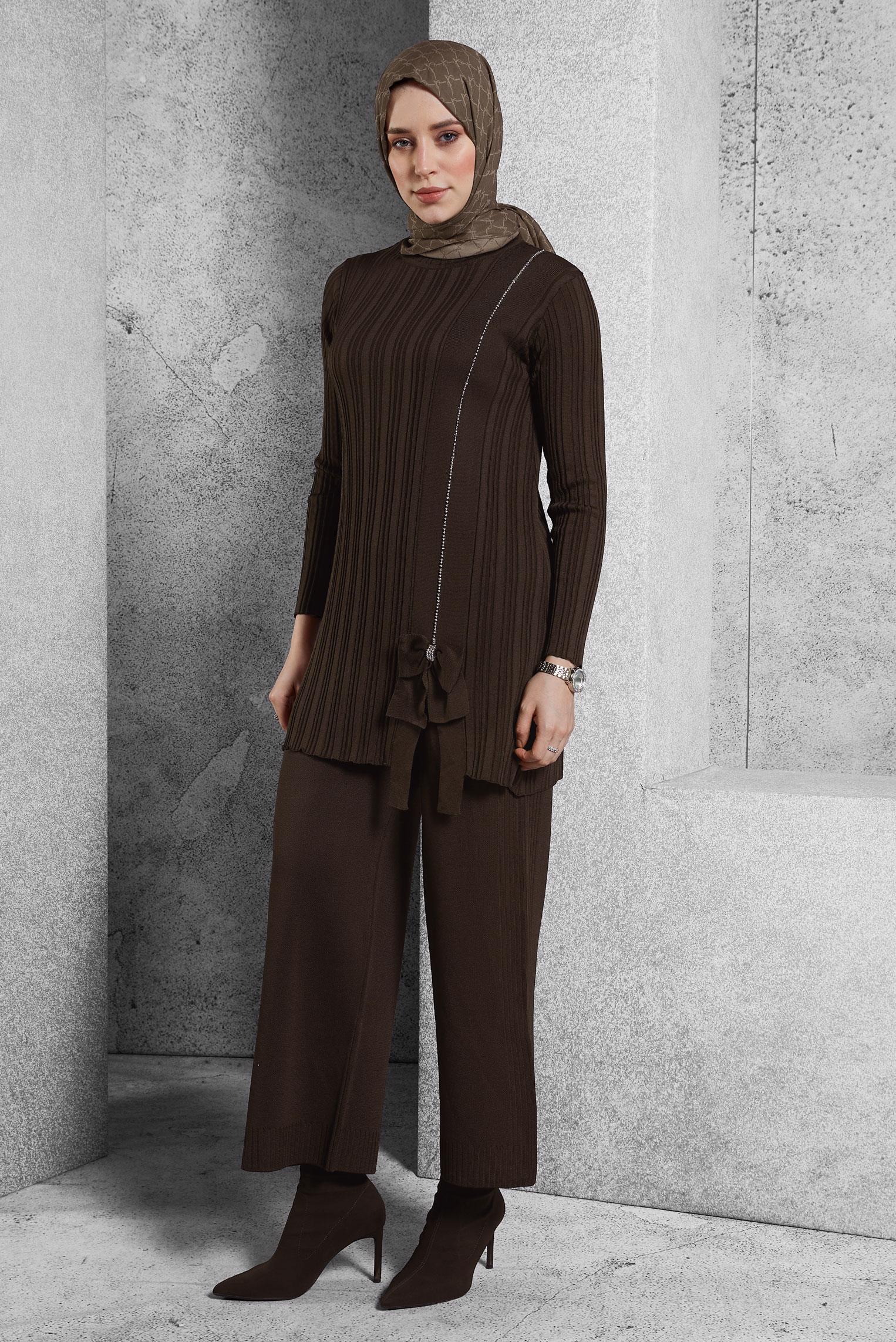 Tesettür giyim KAHVE TAŞ BASKILI PANTOLONLU TAKIM 44955