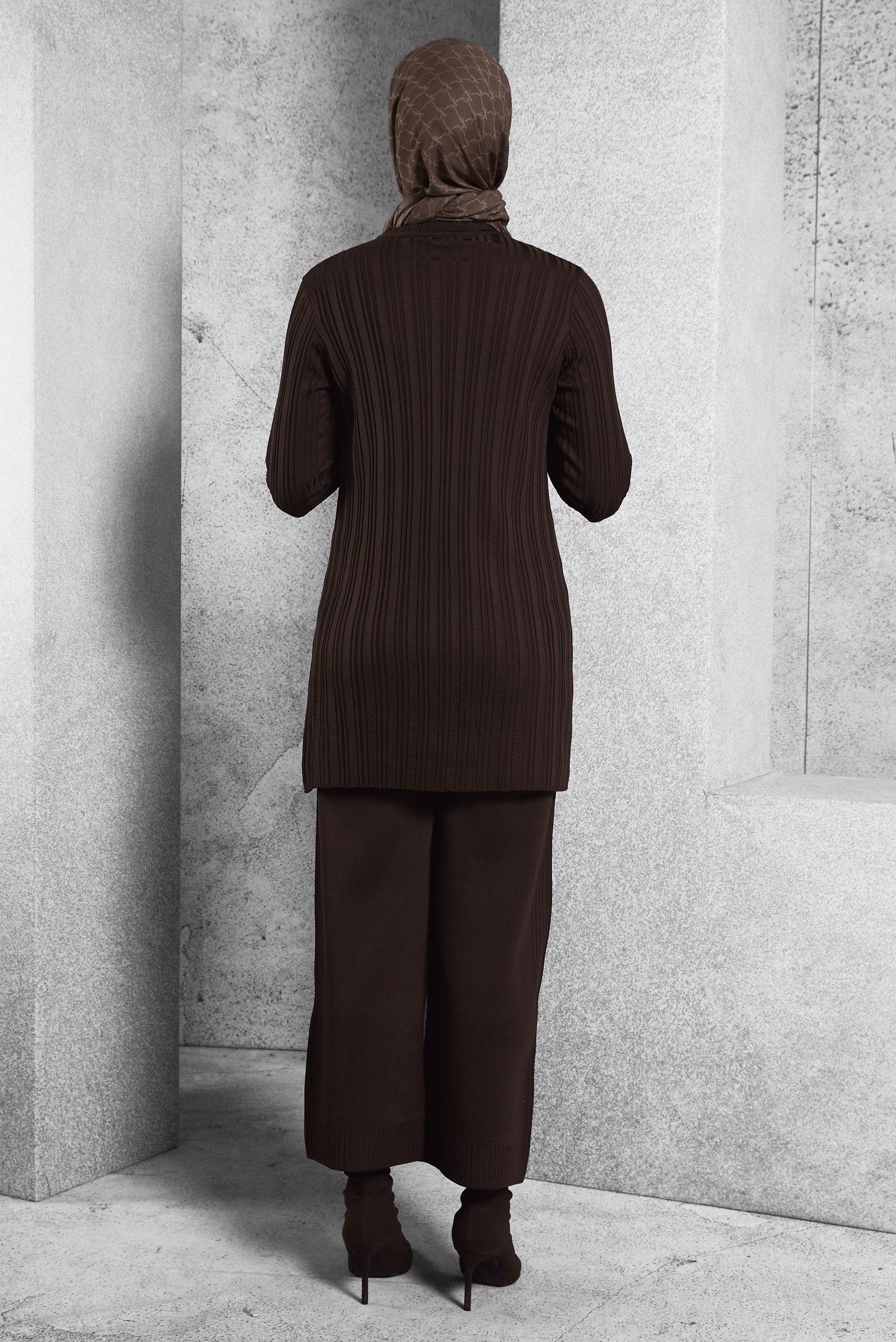 Tesettür giyim KAHVE TAŞ BASKILI PANTOLONLU TAKIM 44955