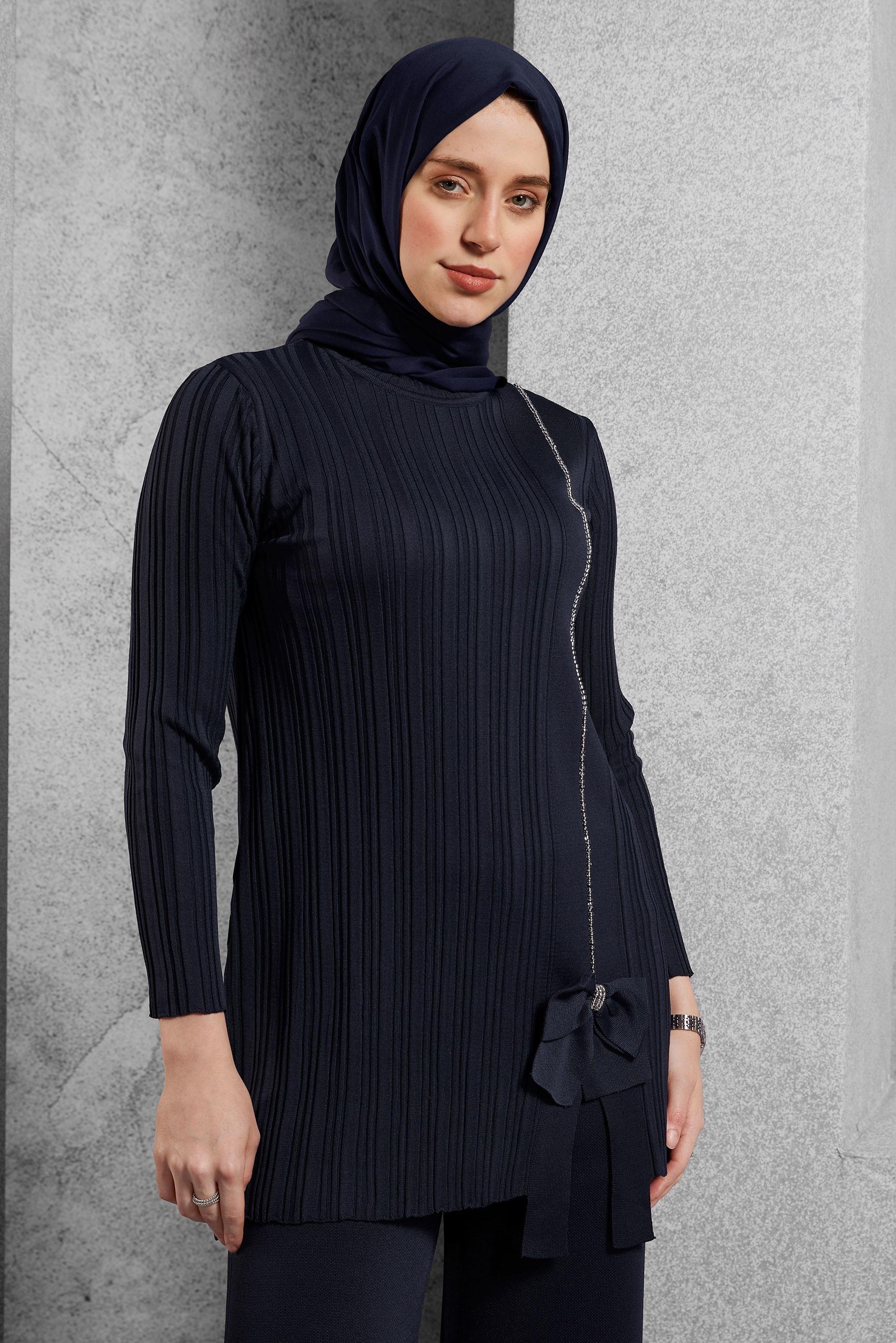 Tesettür giyim LACİVERT TAŞ BASKILI PANTOLONLU TAKIM 44955