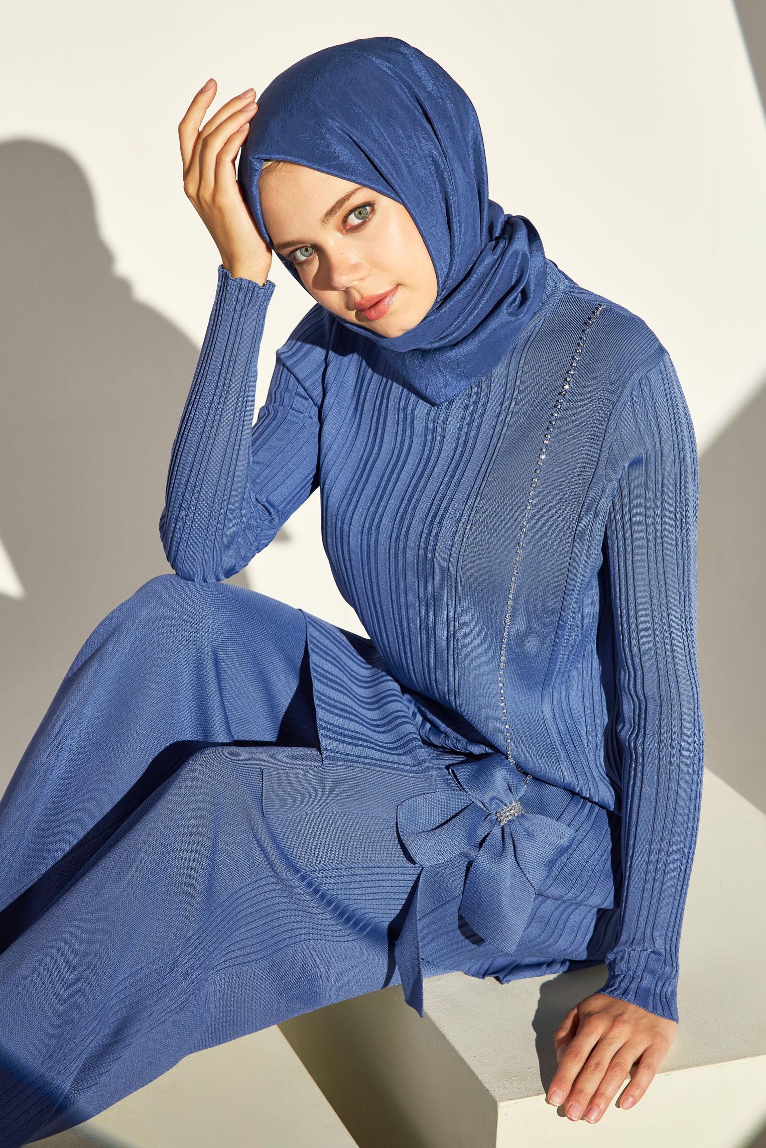 Tesettür giyim LACİVERT TAŞ BASKILI PANTOLONLU TAKIM 44955