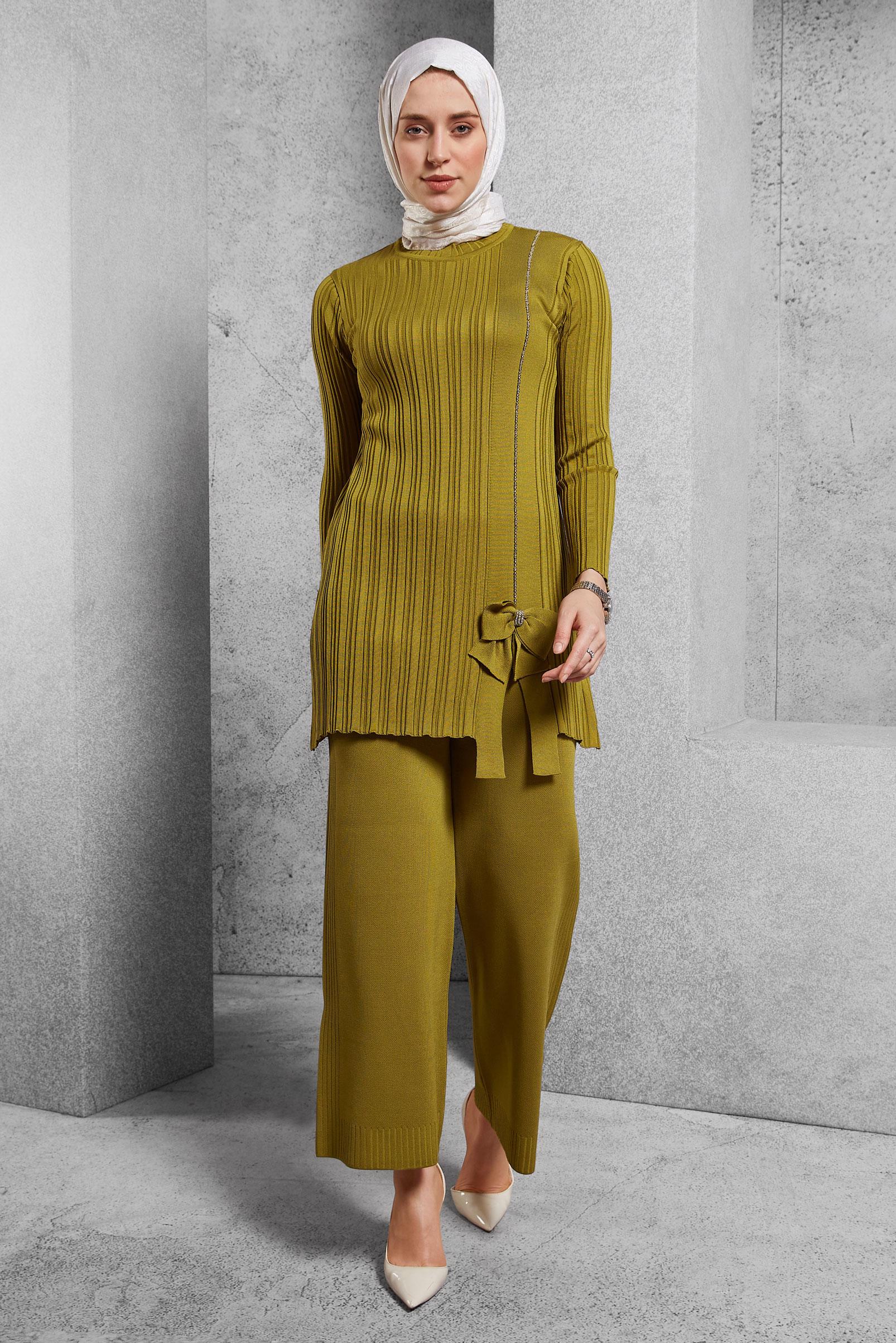 Tesettür giyim YEŞİL TAŞ BASKILI PANTOLONLU TAKIM 44955