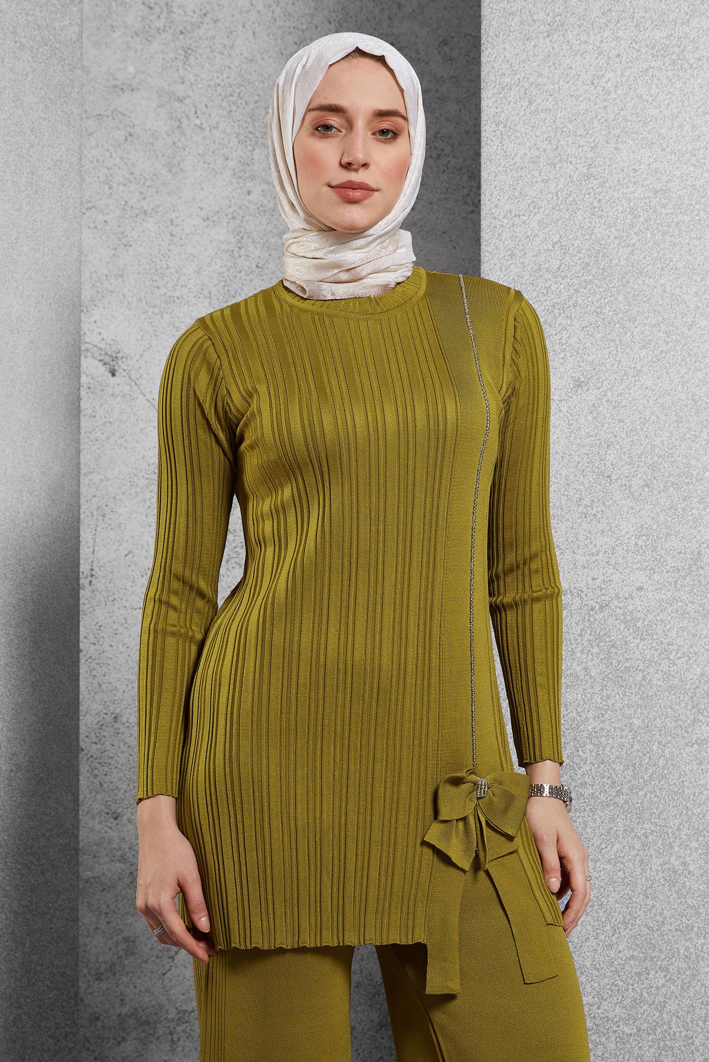 Tesettür giyim YEŞİL TAŞ BASKILI PANTOLONLU TAKIM 44955