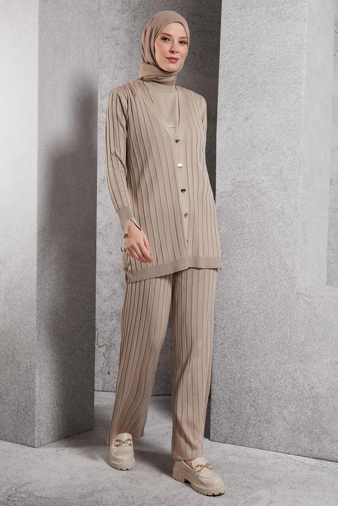 Vêtements hijab BEIGE COSTUME PANTALON EN MAILLE 44957 - ALVİNA