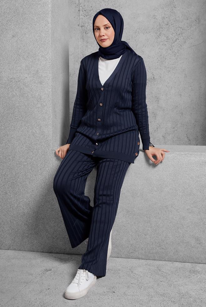 Vêtements hijab BLEU MARINE COSTUME PANTALON EN MAILLE 44957 - ALVİNA