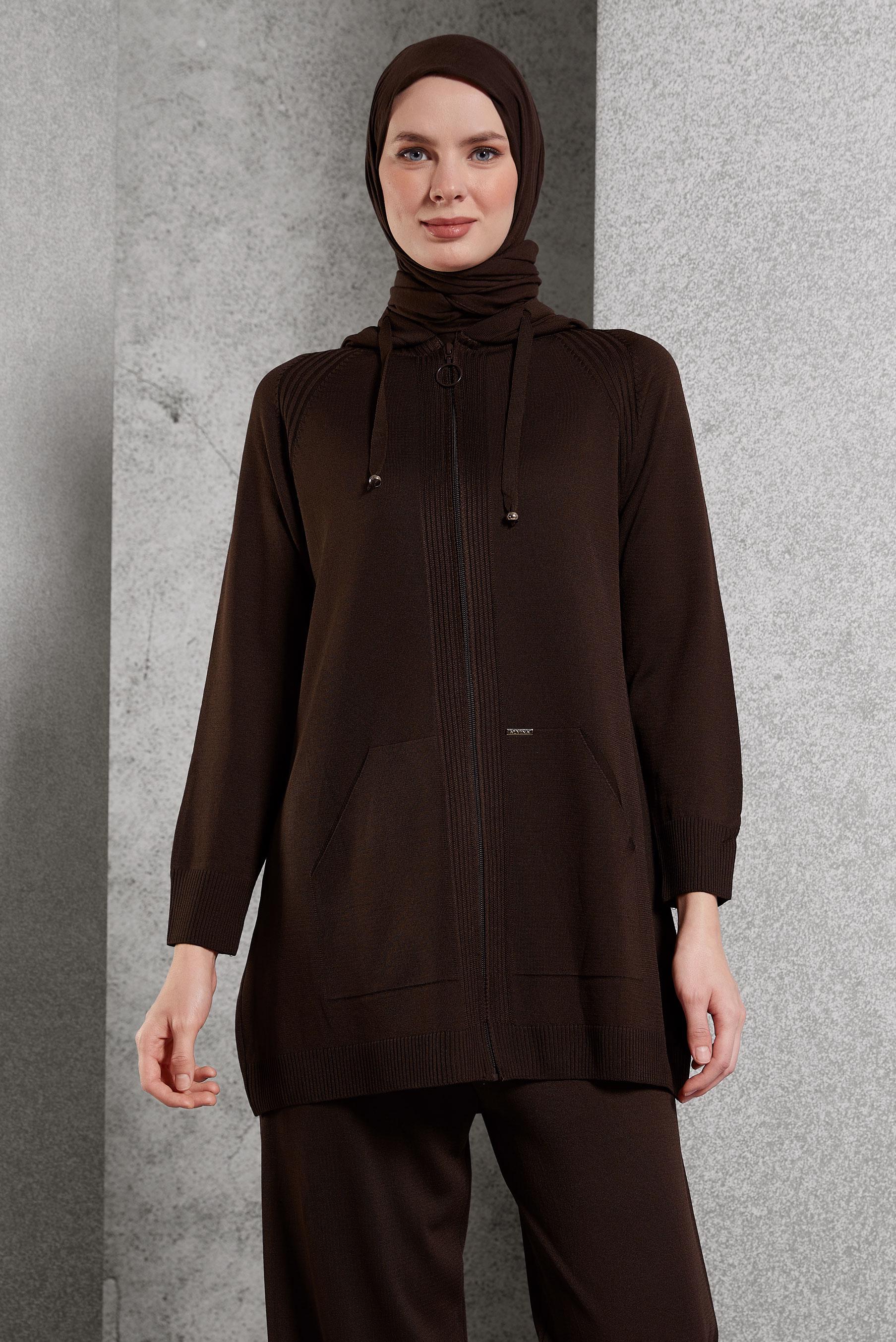 Tesettür giyim KAHVE KAPÜŞONLU PANTOLONLU TAKIM 44958