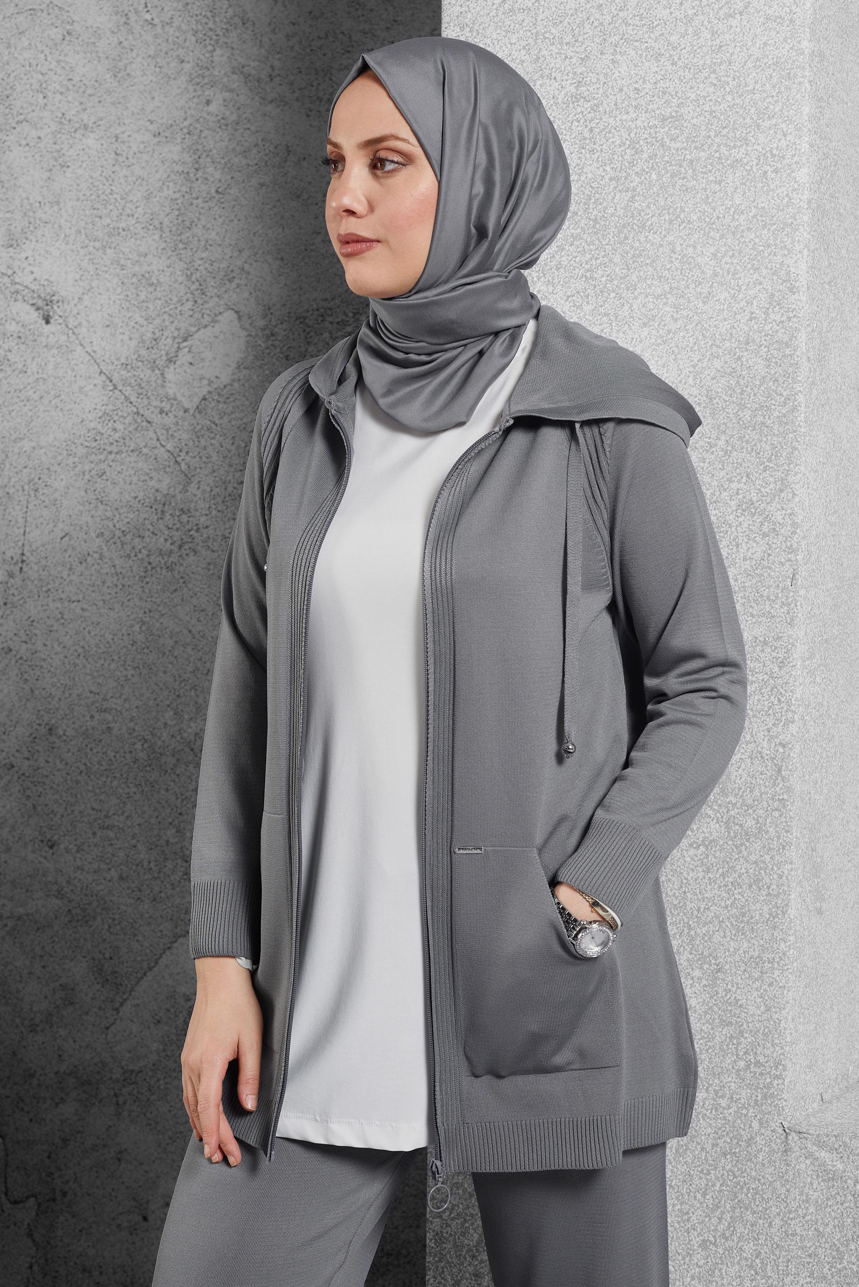 Tesettür giyim GRİ KAPÜŞONLU PANTOLONLU TAKIM 44958