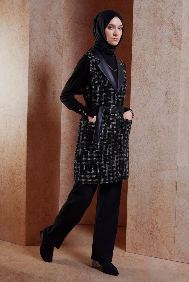 Tesettür giyim SİYAH KEMERLİ YELEKLİ PANTOLONLU TAKIM 45057 - ALVİNA