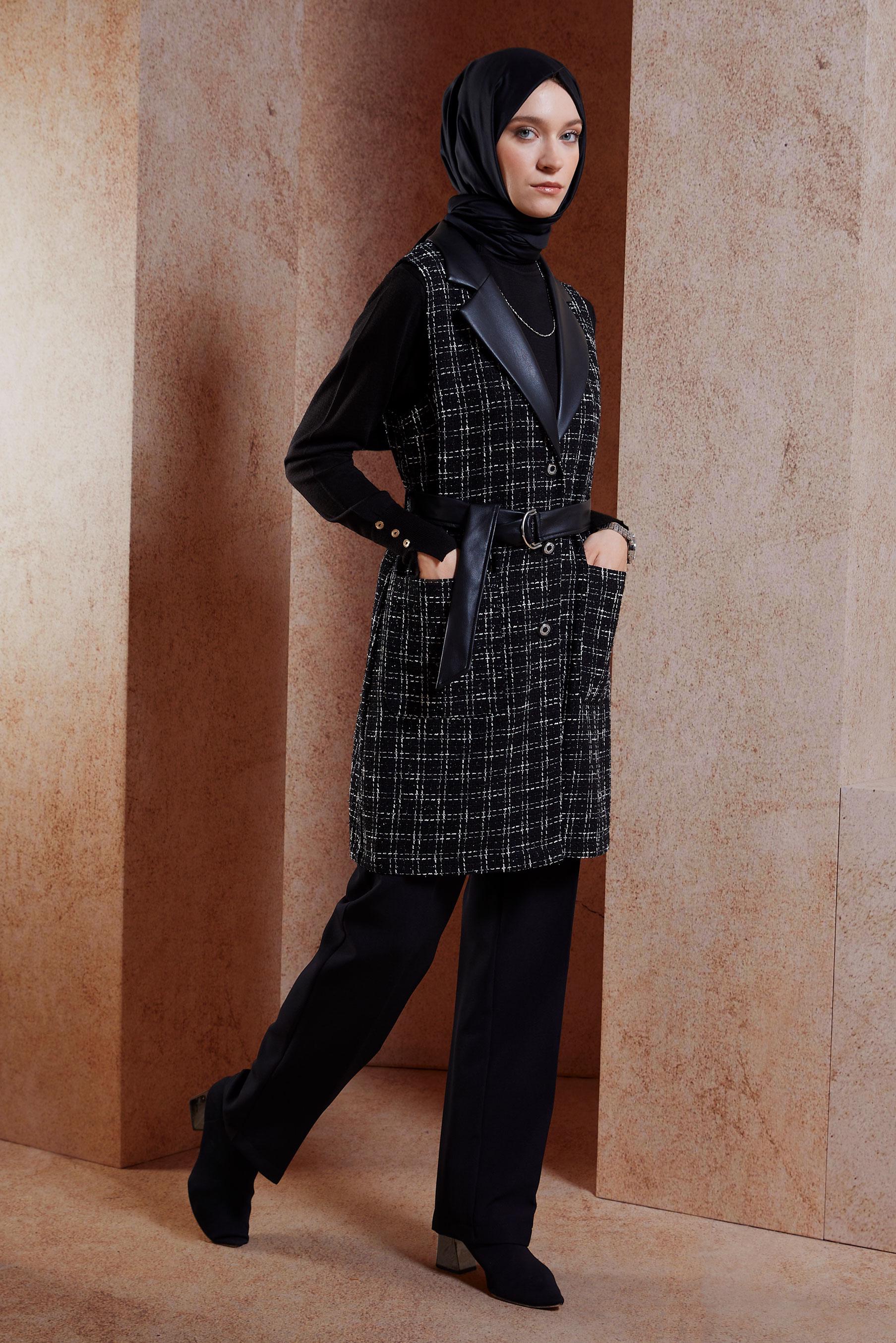 Vêtements hijab NOIR COSTUME PANTALON CEINTURE AVEC GILET 45057