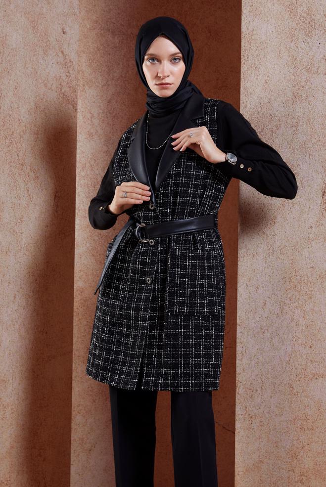 Tesettür giyim SİYAH KEMERLİ YELEKLİ PANTOLONLU TAKIM 45057 - ALVİNA