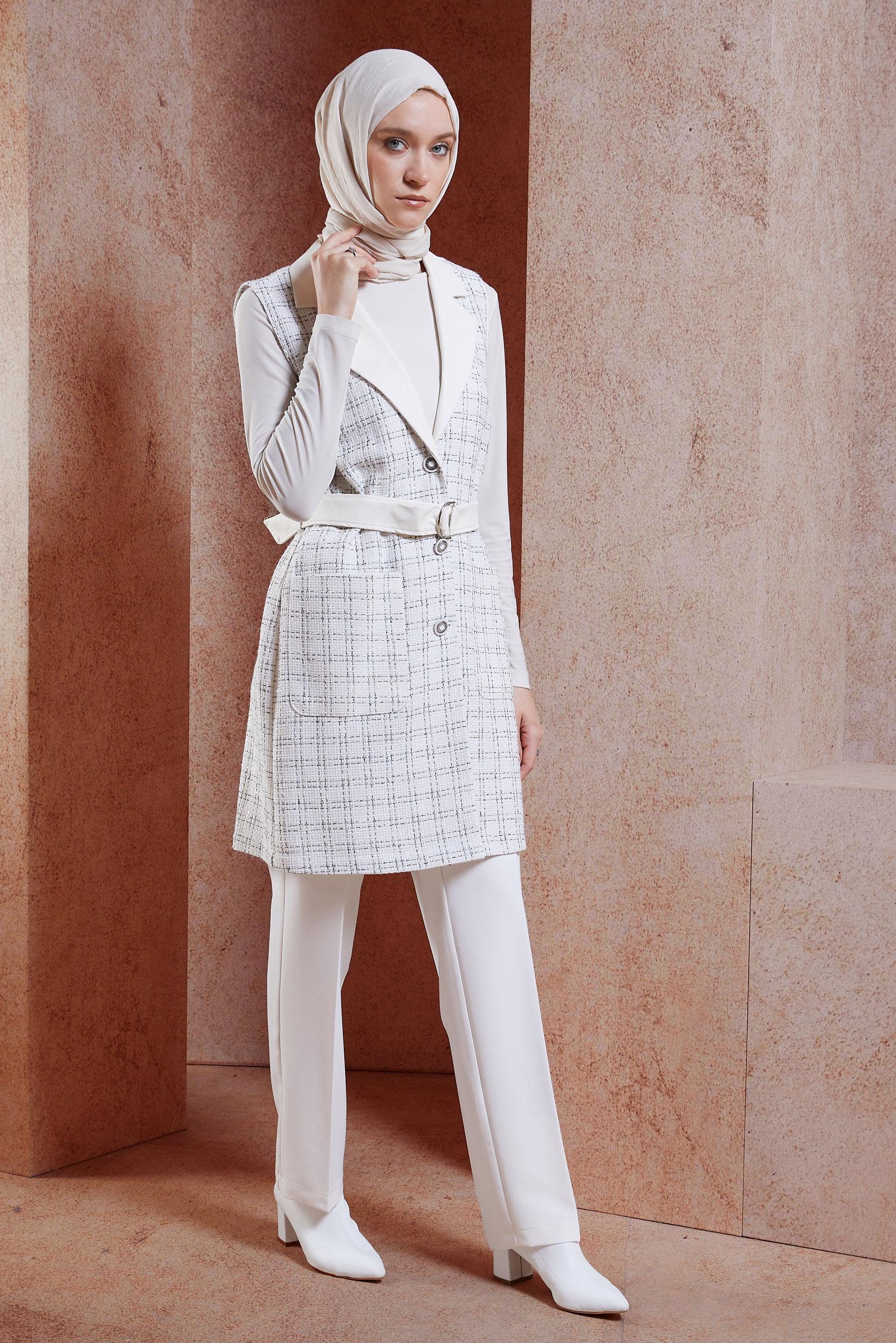 Tesettür giyim BEYAZ KEMERLİ YELEKLİ PANTOLONLU TAKIM 45057