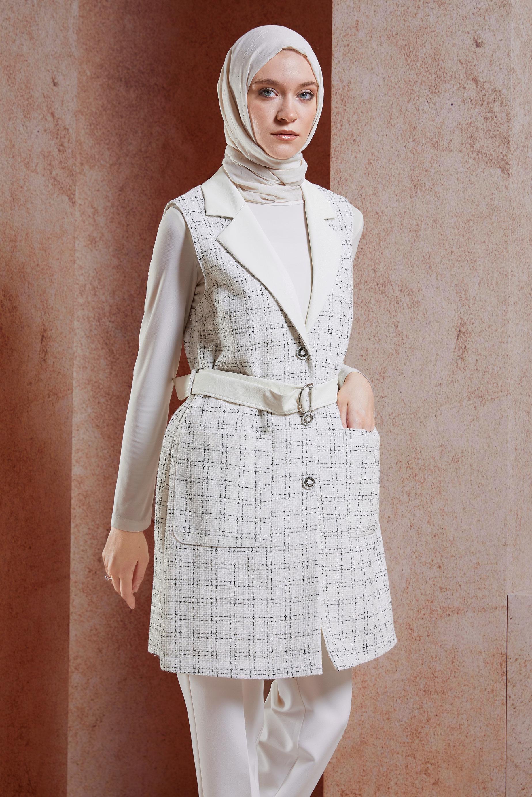 Tesettür giyim BEYAZ KEMERLİ YELEKLİ PANTOLONLU TAKIM 45057
