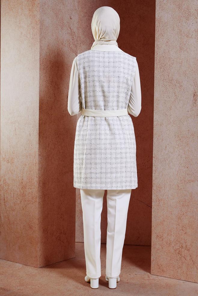 Tesettür giyim BEYAZ KEMERLİ YELEKLİ PANTOLONLU TAKIM 45057 - ALVİNA