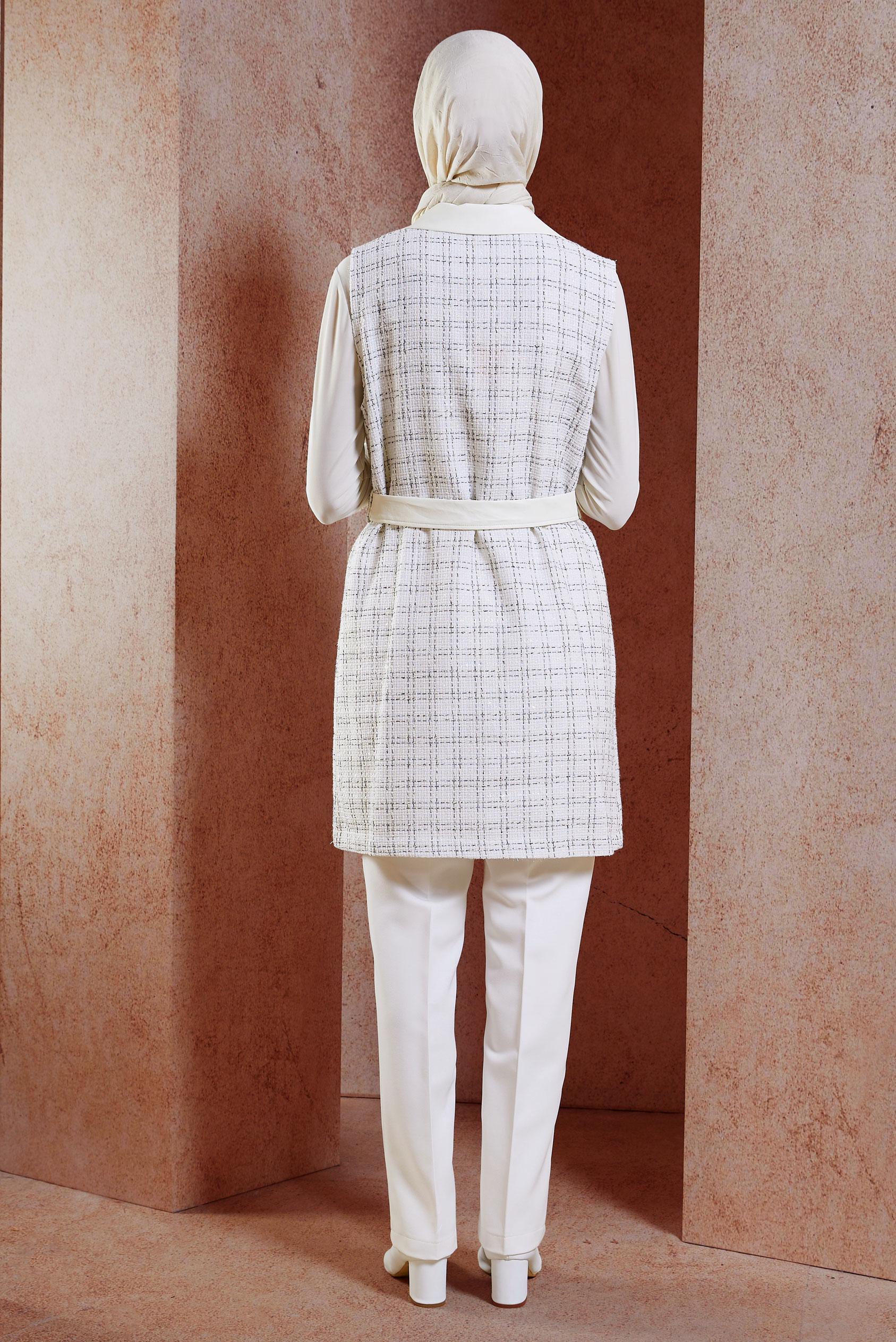 Tesettür giyim BEYAZ KEMERLİ YELEKLİ PANTOLONLU TAKIM 45057