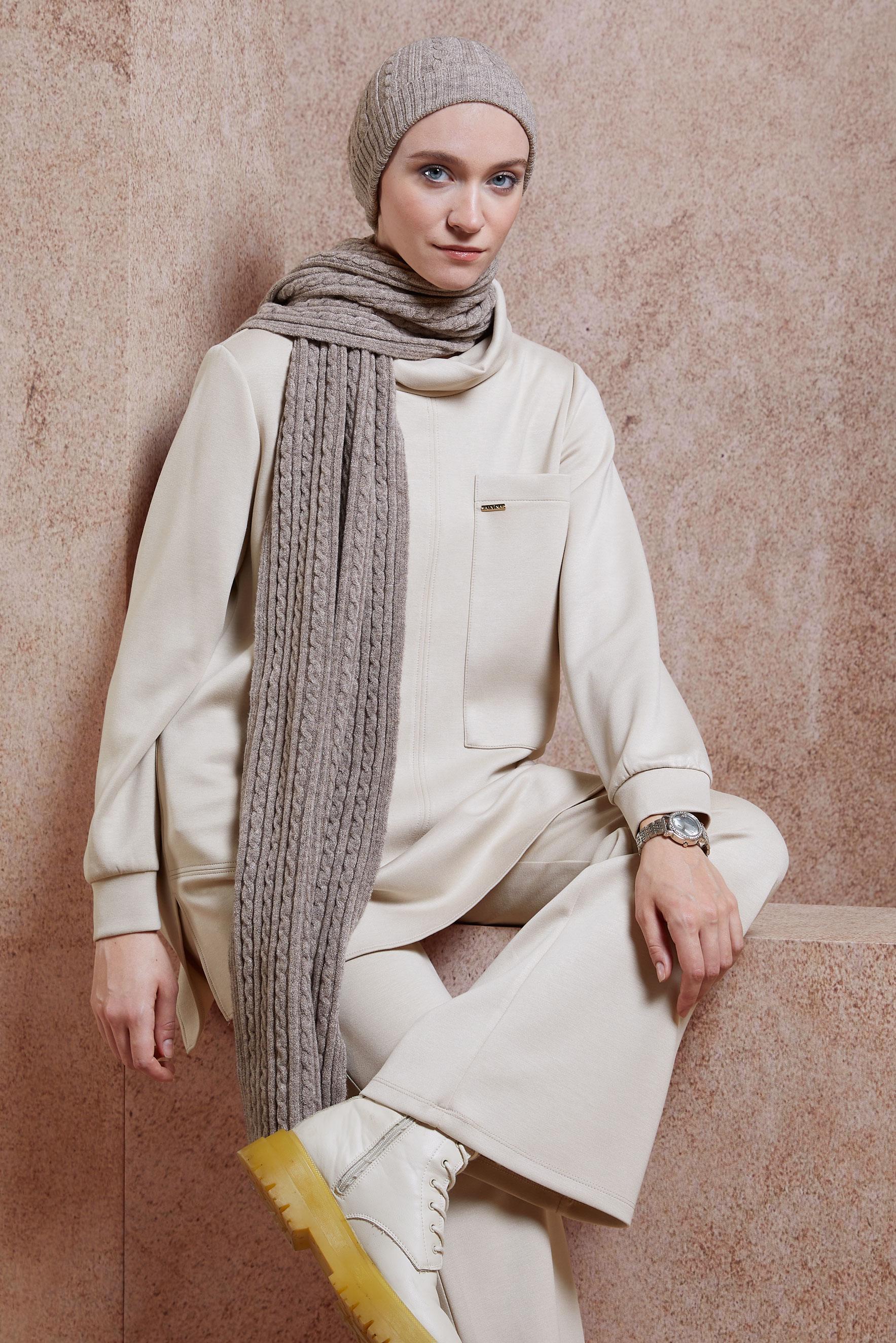 Tesettür giyim BEJ PANTOLONLU TESETTÜR TAKIM 45078