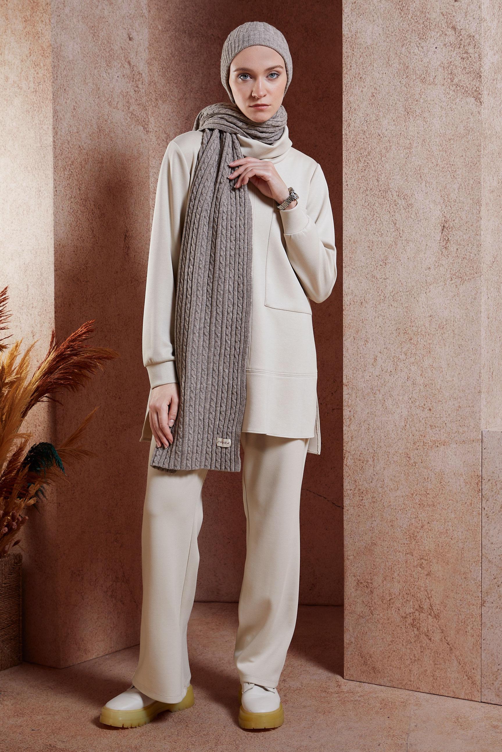 Tesettür giyim BEJ PANTOLONLU TESETTÜR TAKIM 45078