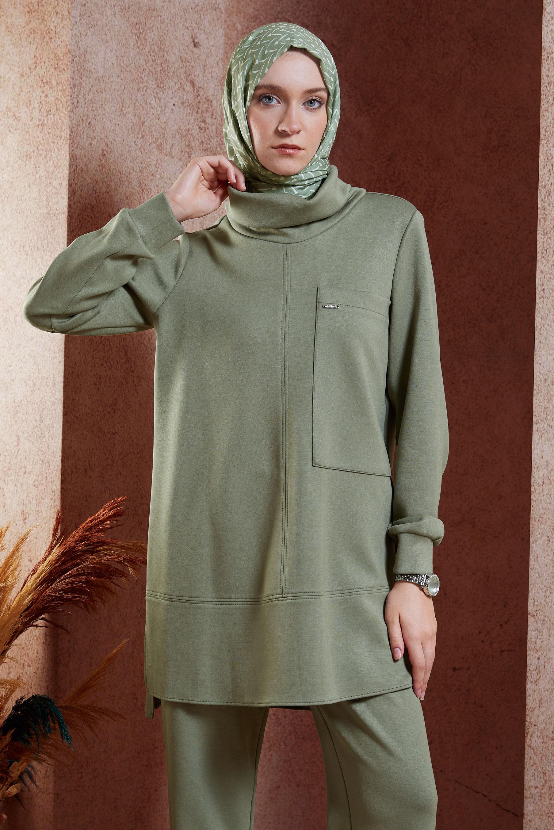 Tesettür giyim HAKİ PANTOLONLU TESETTÜR TAKIM 45078