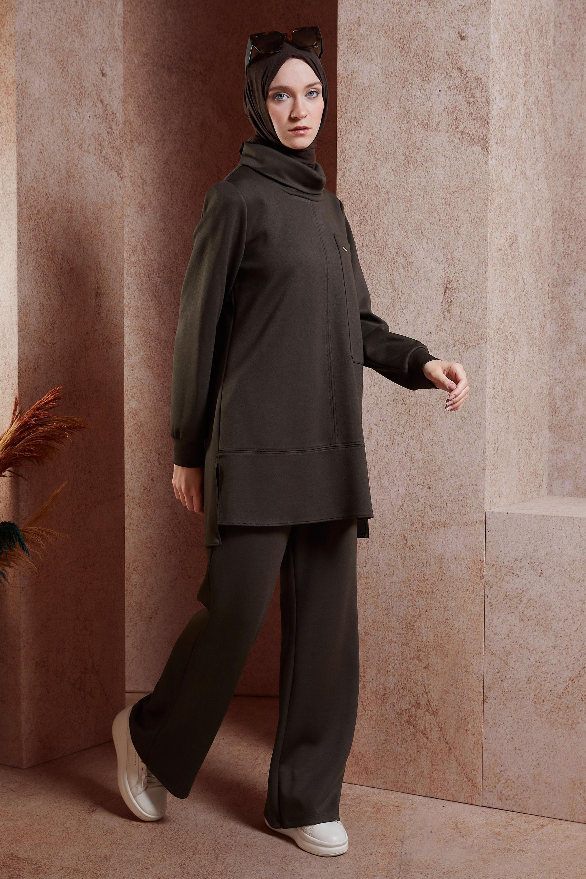 Tesettür giyim KAHVE PANTOLONLU TESETTÜR TAKIM 45078