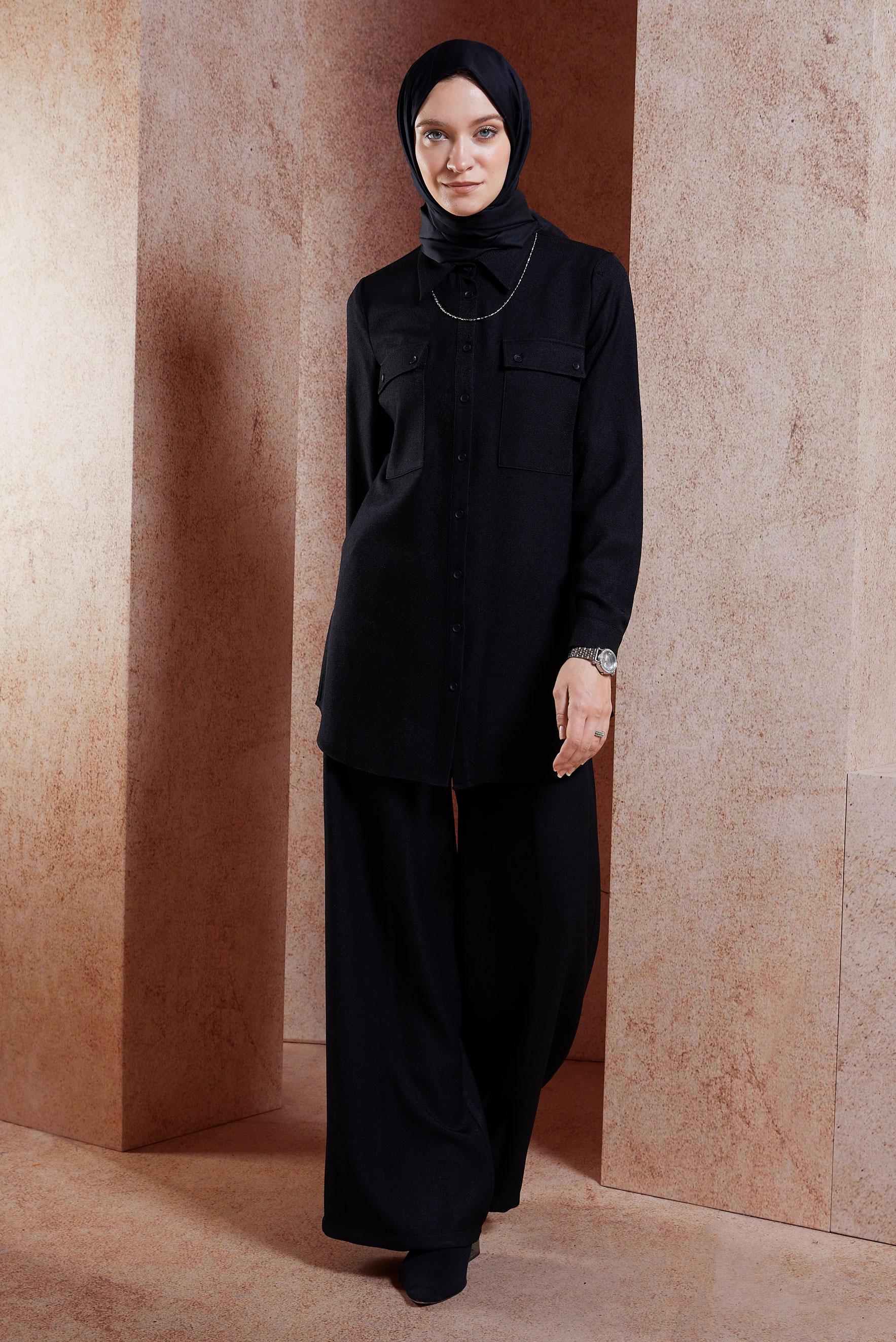 Tesettür giyim SİYAH GÖMLEK YAKA PANTOLONLU TAKIM 45081
