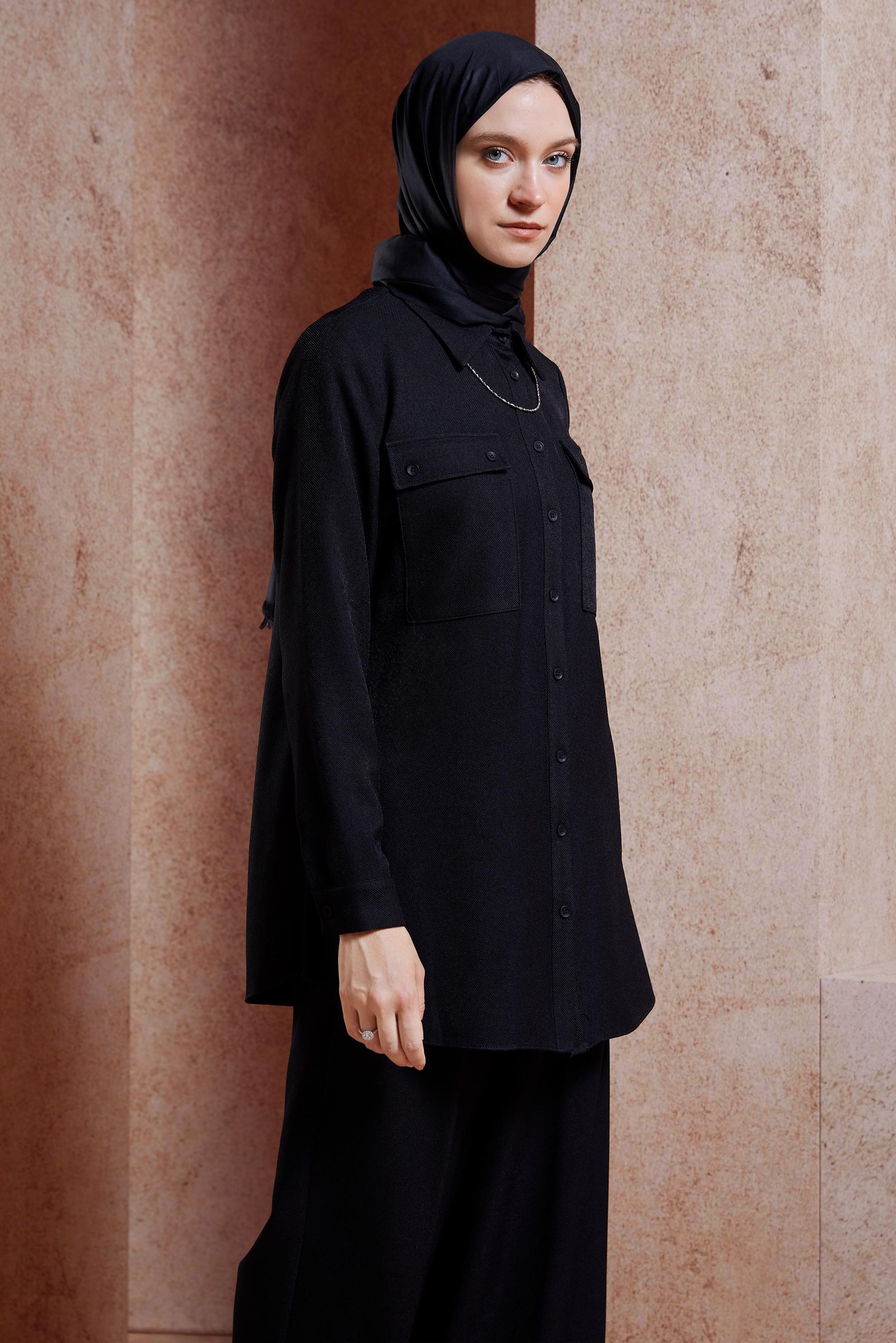 Tesettür giyim SİYAH GÖMLEK YAKA PANTOLONLU TAKIM 45081