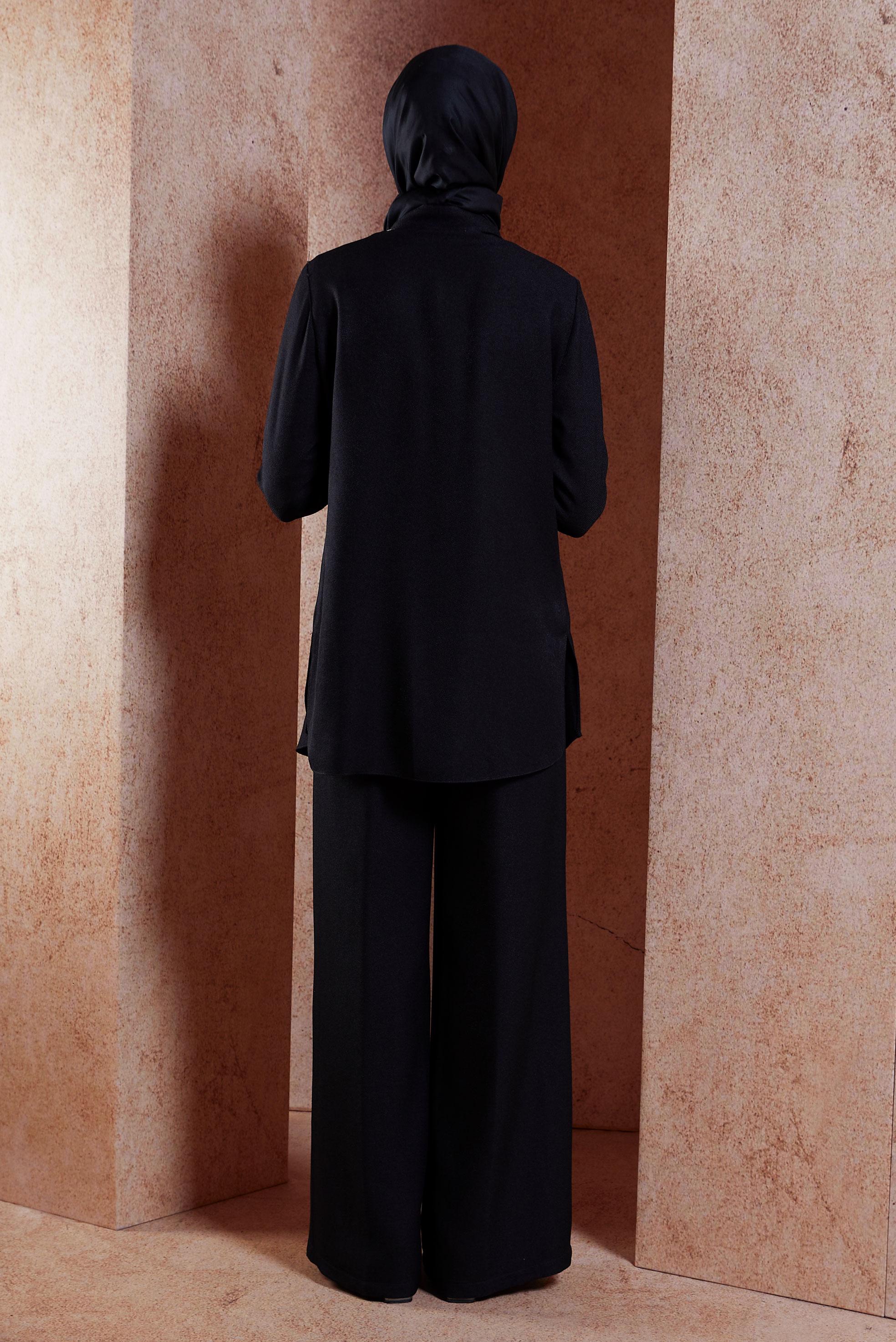 Tesettür giyim SİYAH GÖMLEK YAKA PANTOLONLU TAKIM 45081