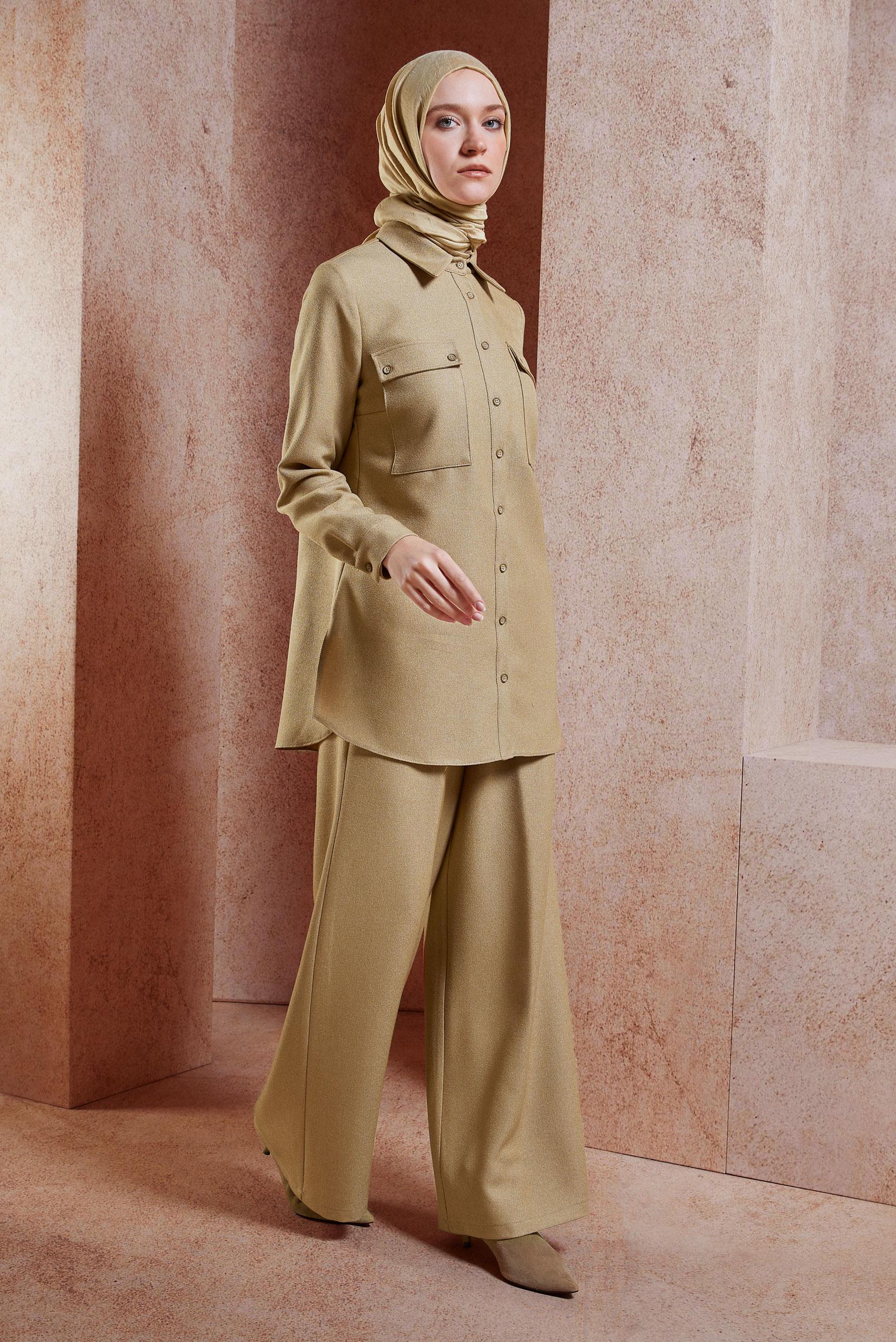 Tesettür giyim BEJ GÖMLEK YAKA PANTOLONLU TAKIM 45081
