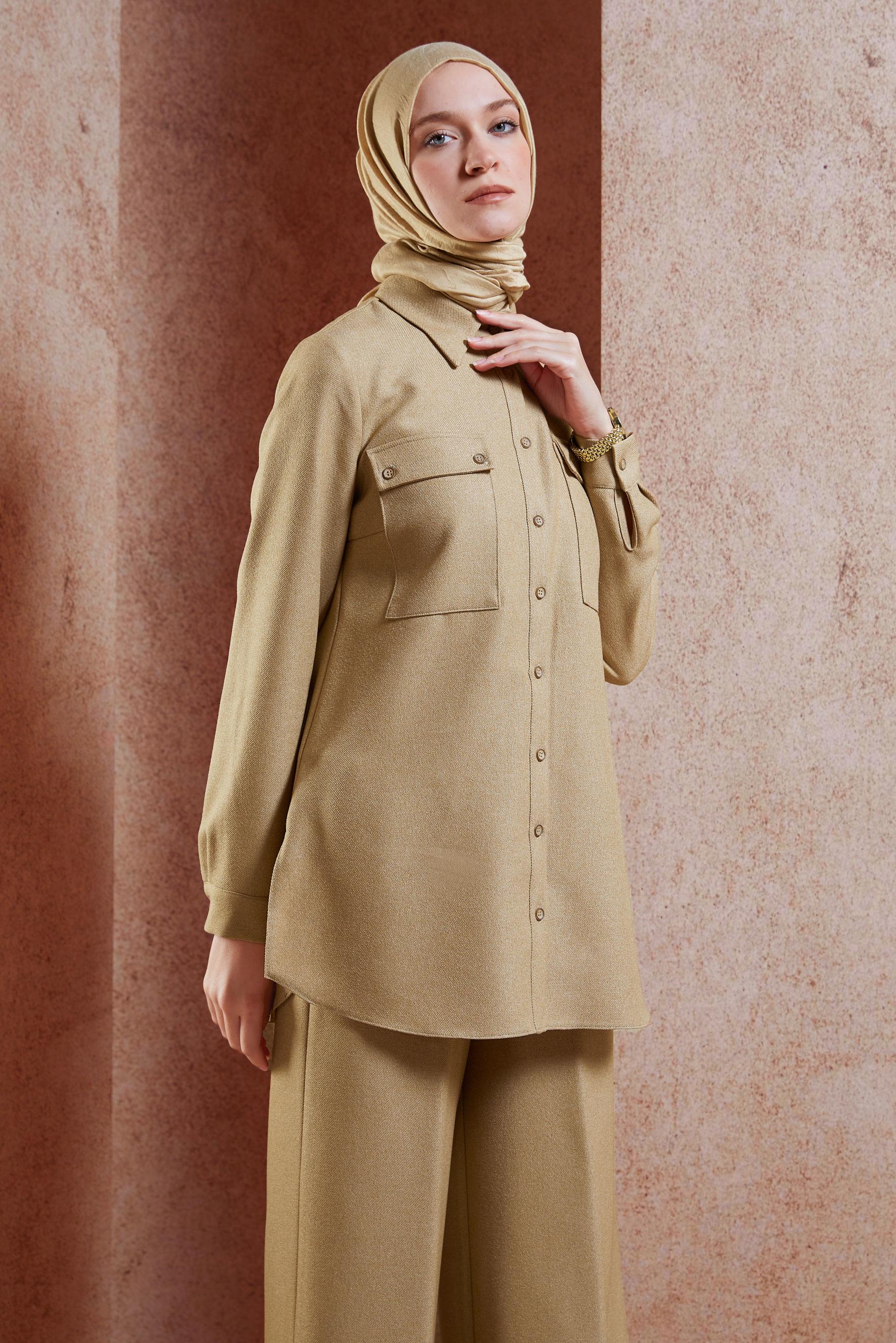 Tesettür giyim BEJ GÖMLEK YAKA PANTOLONLU TAKIM 45081