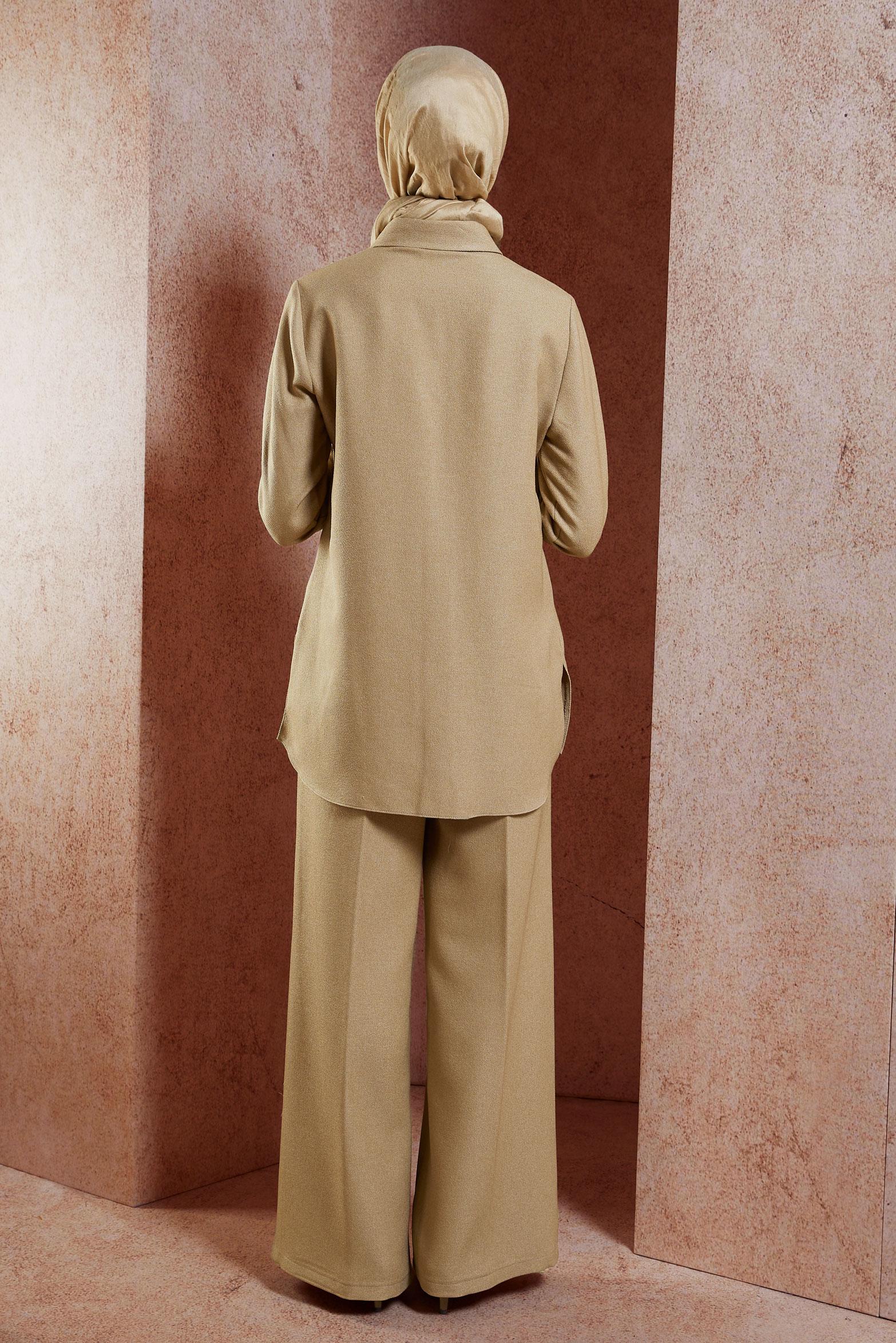 Tesettür giyim BEJ GÖMLEK YAKA PANTOLONLU TAKIM 45081