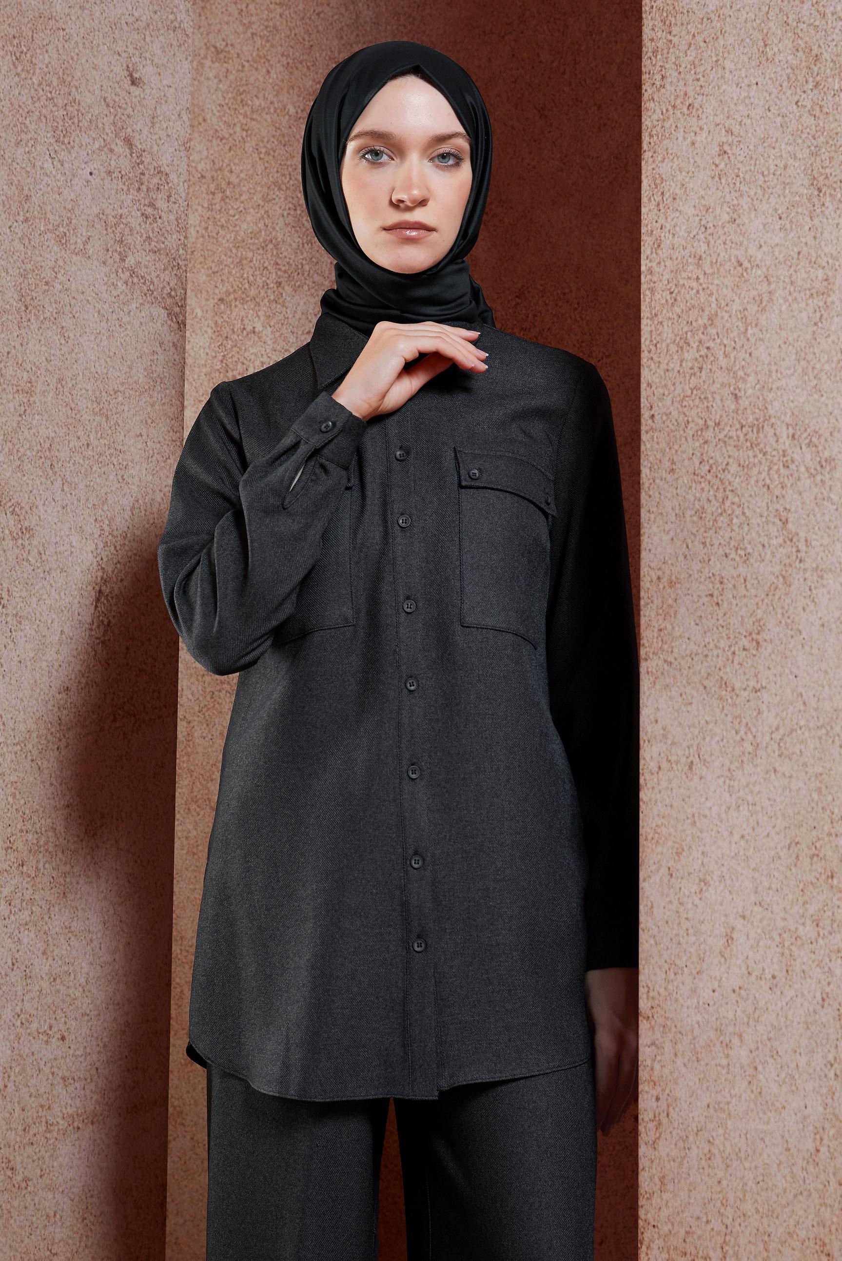 Tesettür giyim GRİ GÖMLEK YAKA PANTOLONLU TAKIM 45081