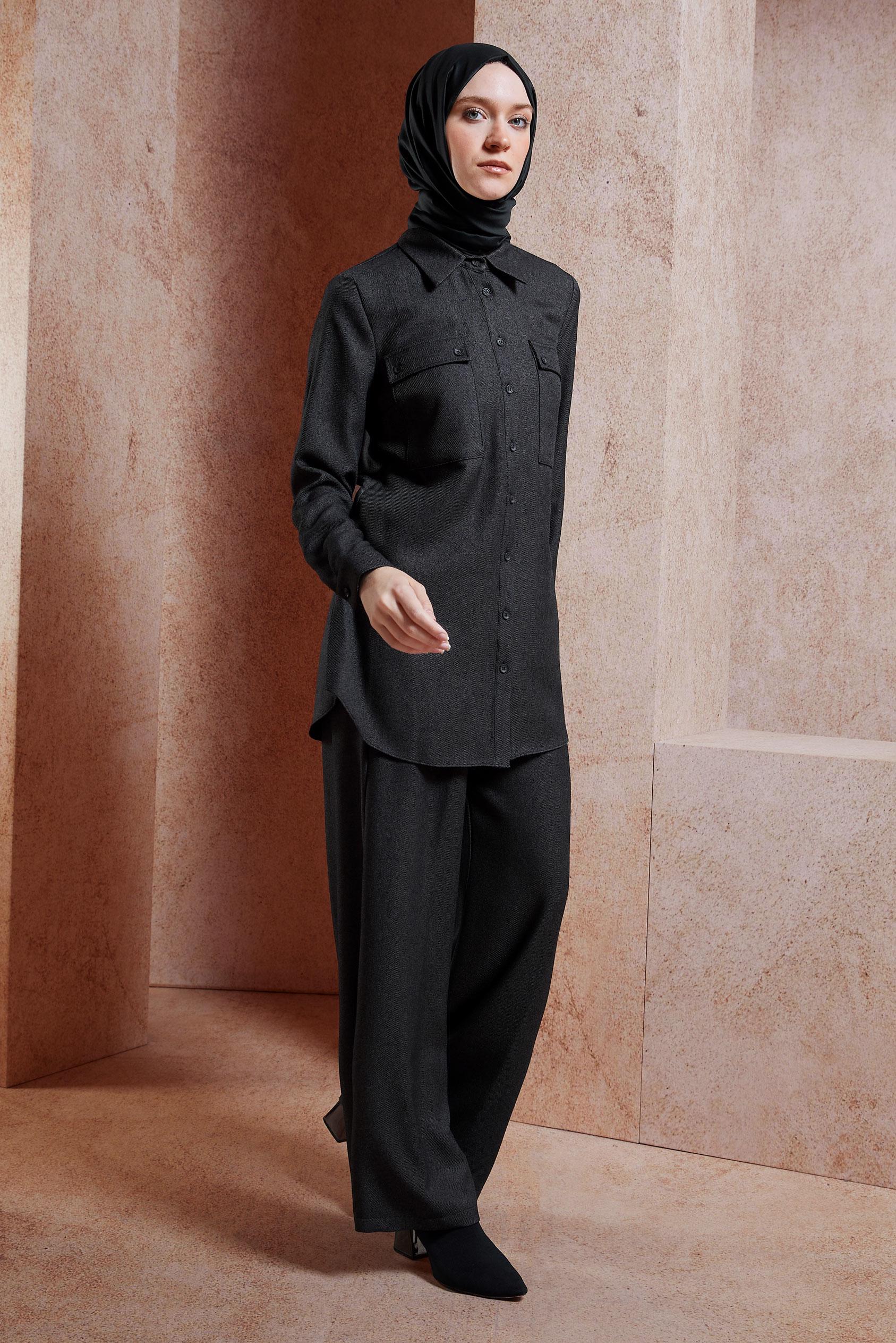 Tesettür giyim GRİ GÖMLEK YAKA PANTOLONLU TAKIM 45081