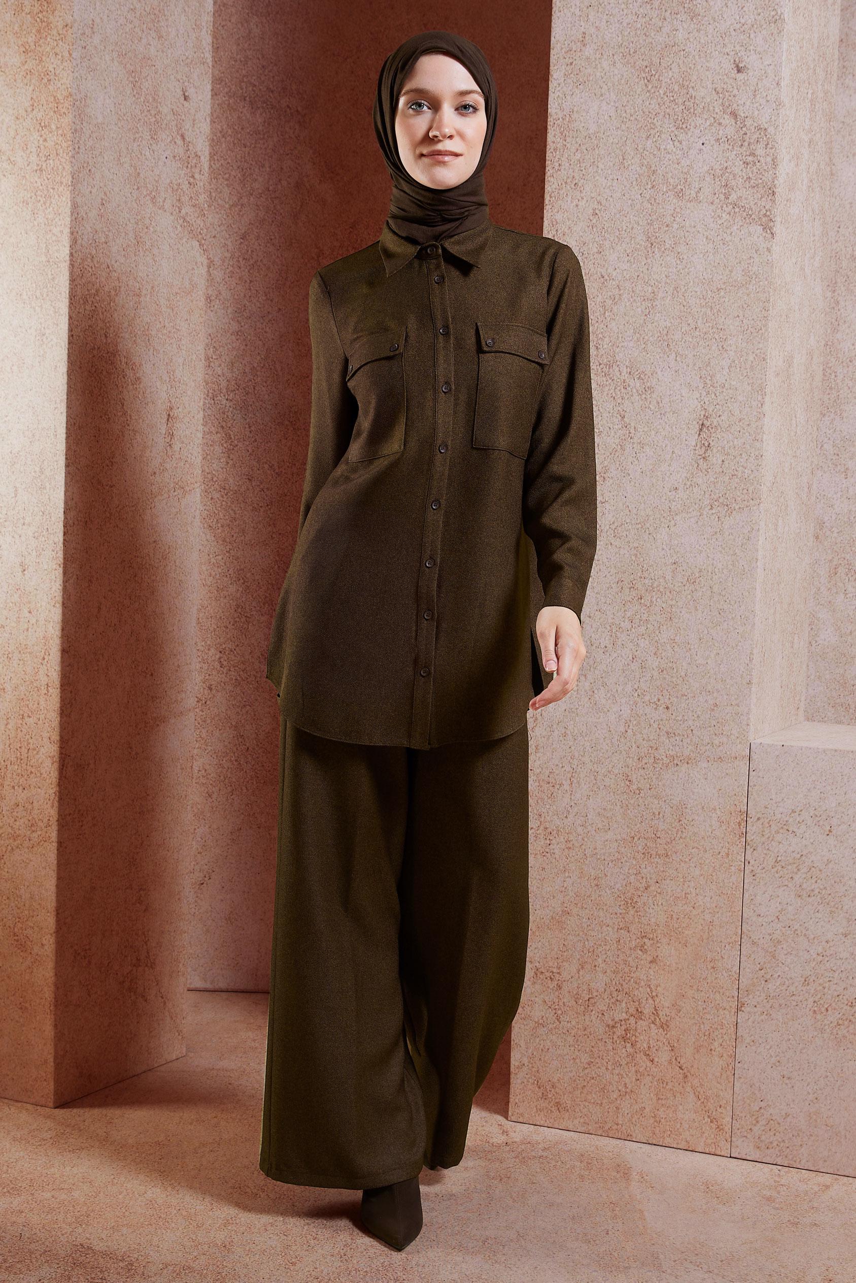 Tesettür giyim KAHVE GÖMLEK YAKA PANTOLONLU TAKIM 45081