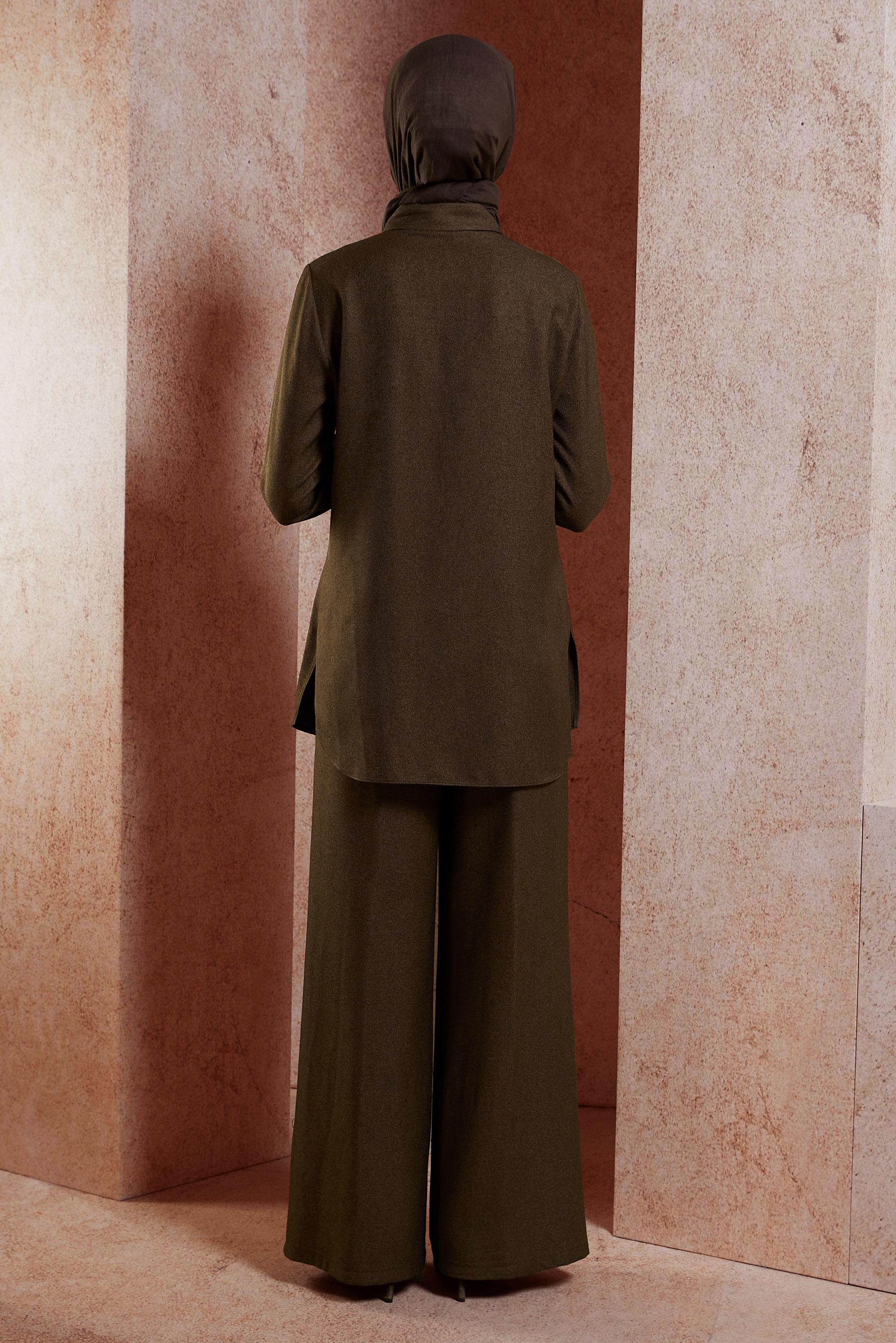 Tesettür giyim KAHVE GÖMLEK YAKA PANTOLONLU TAKIM 45081