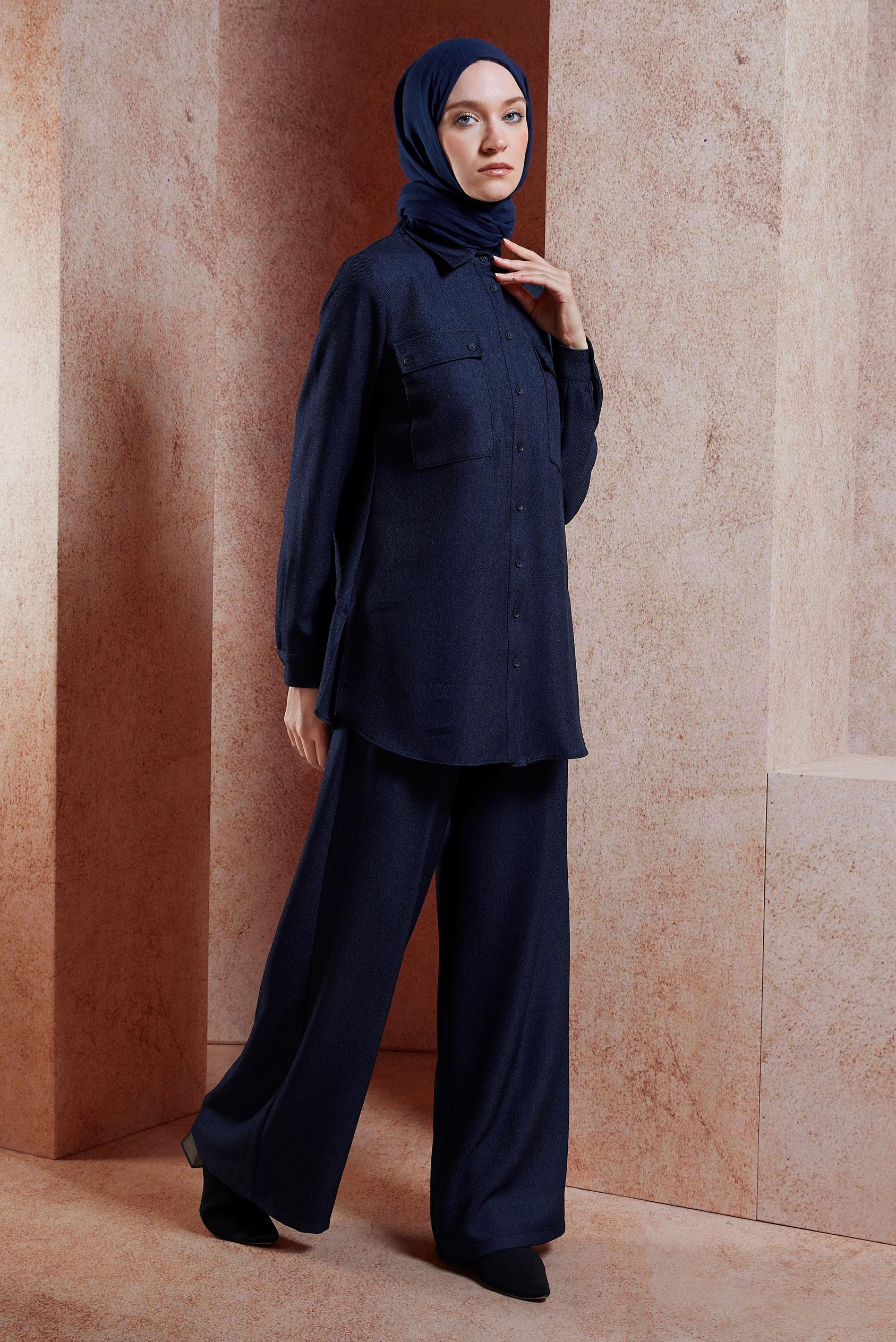 Tesettür giyim LACİVERT GÖMLEK YAKA PANTOLONLU TAKIM 45081