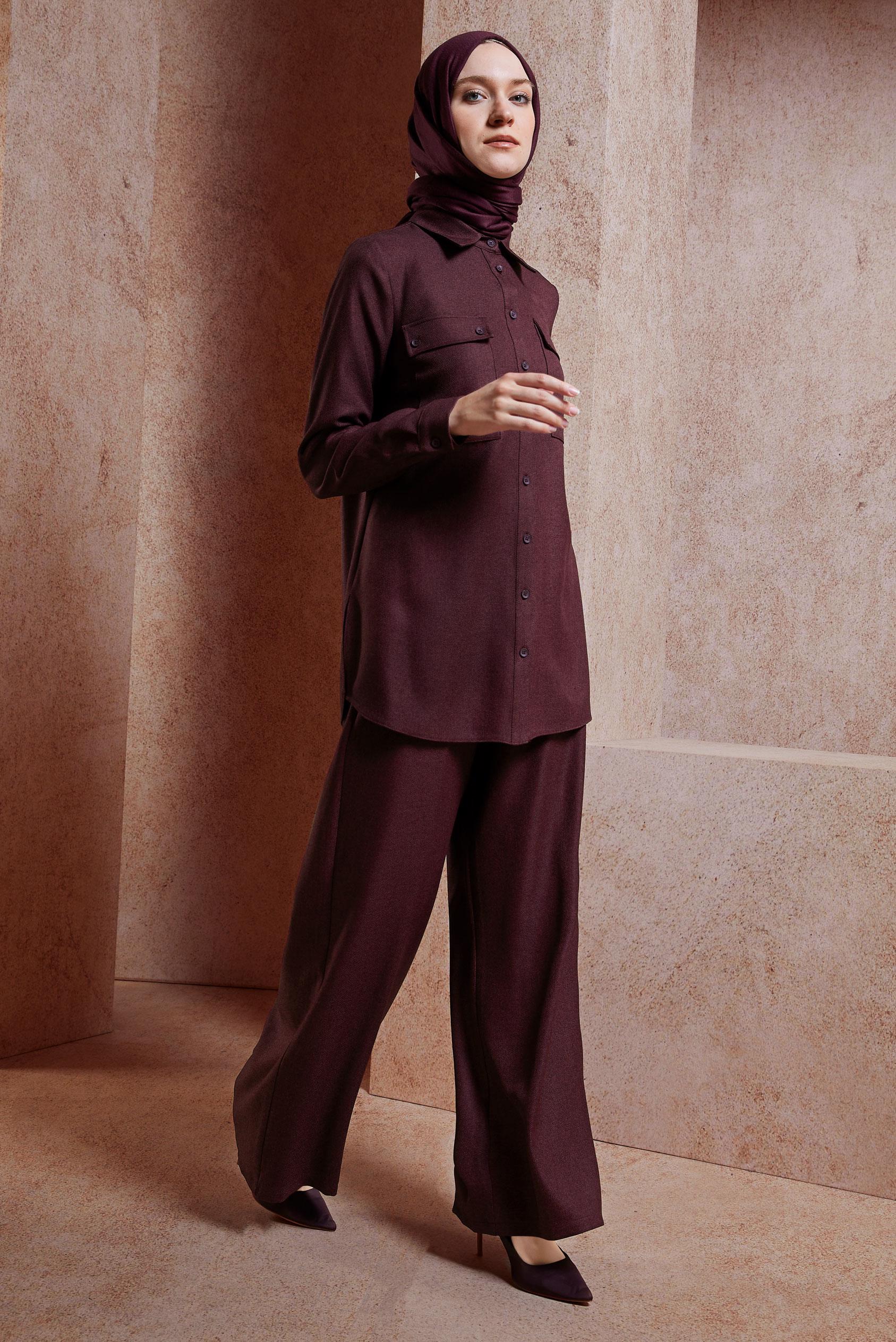 Tesettür giyim MÜRDÜM GÖMLEK YAKA PANTOLONLU TAKIM 45081