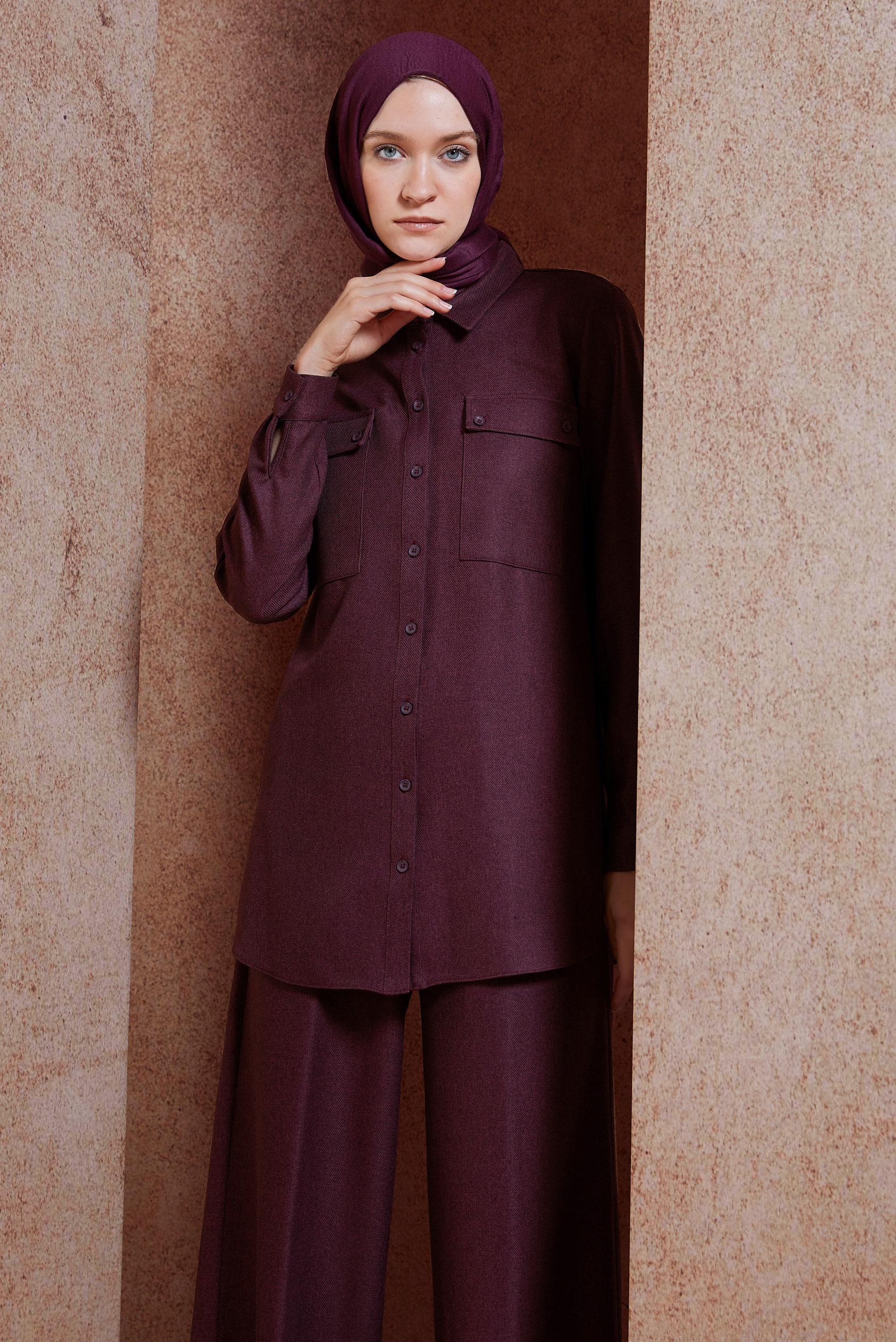 Tesettür giyim MÜRDÜM GÖMLEK YAKA PANTOLONLU TAKIM 45081