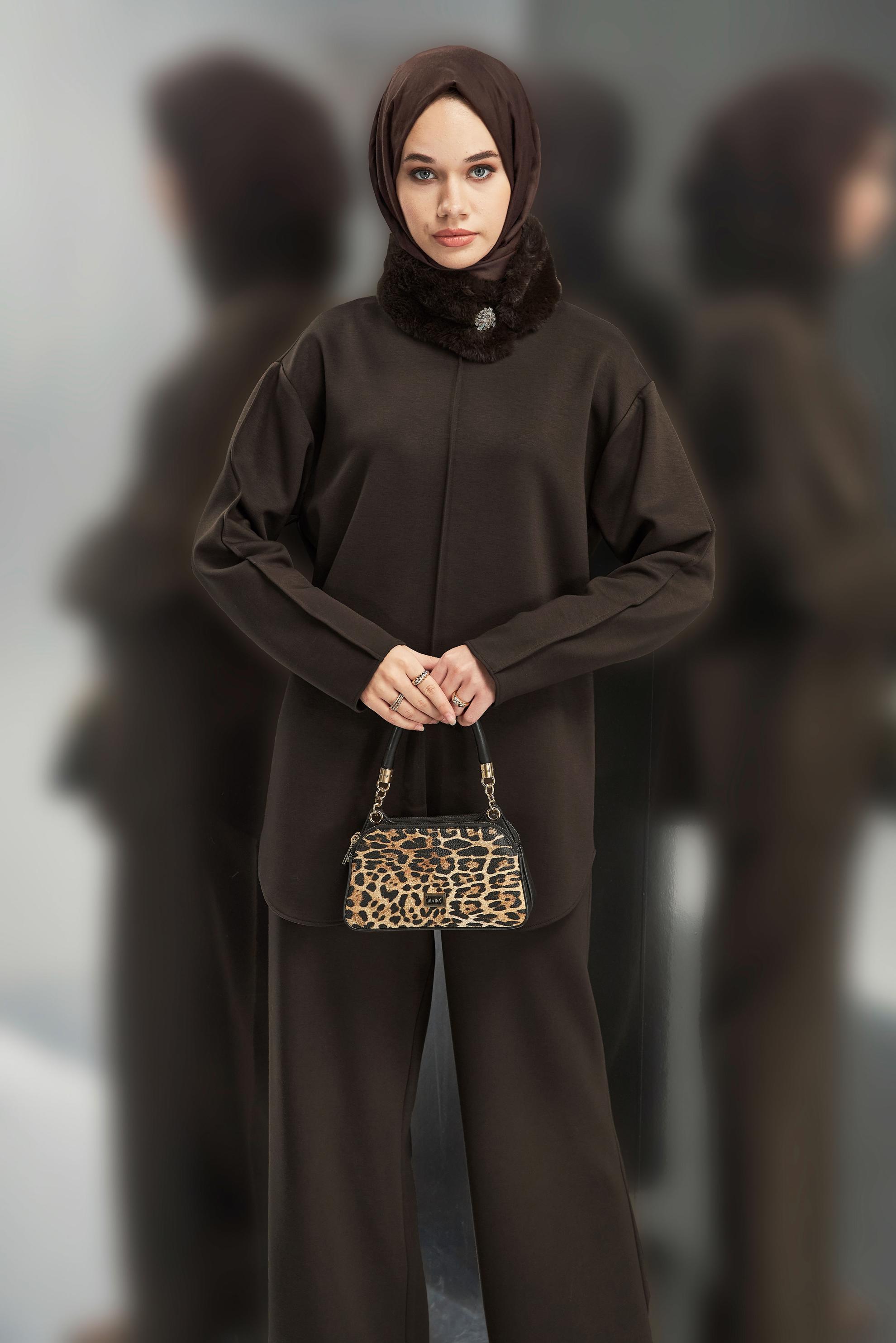 Tesettür giyim KAHVE KÜRK DETAYLI PANTOLONLU TAKIM 45086