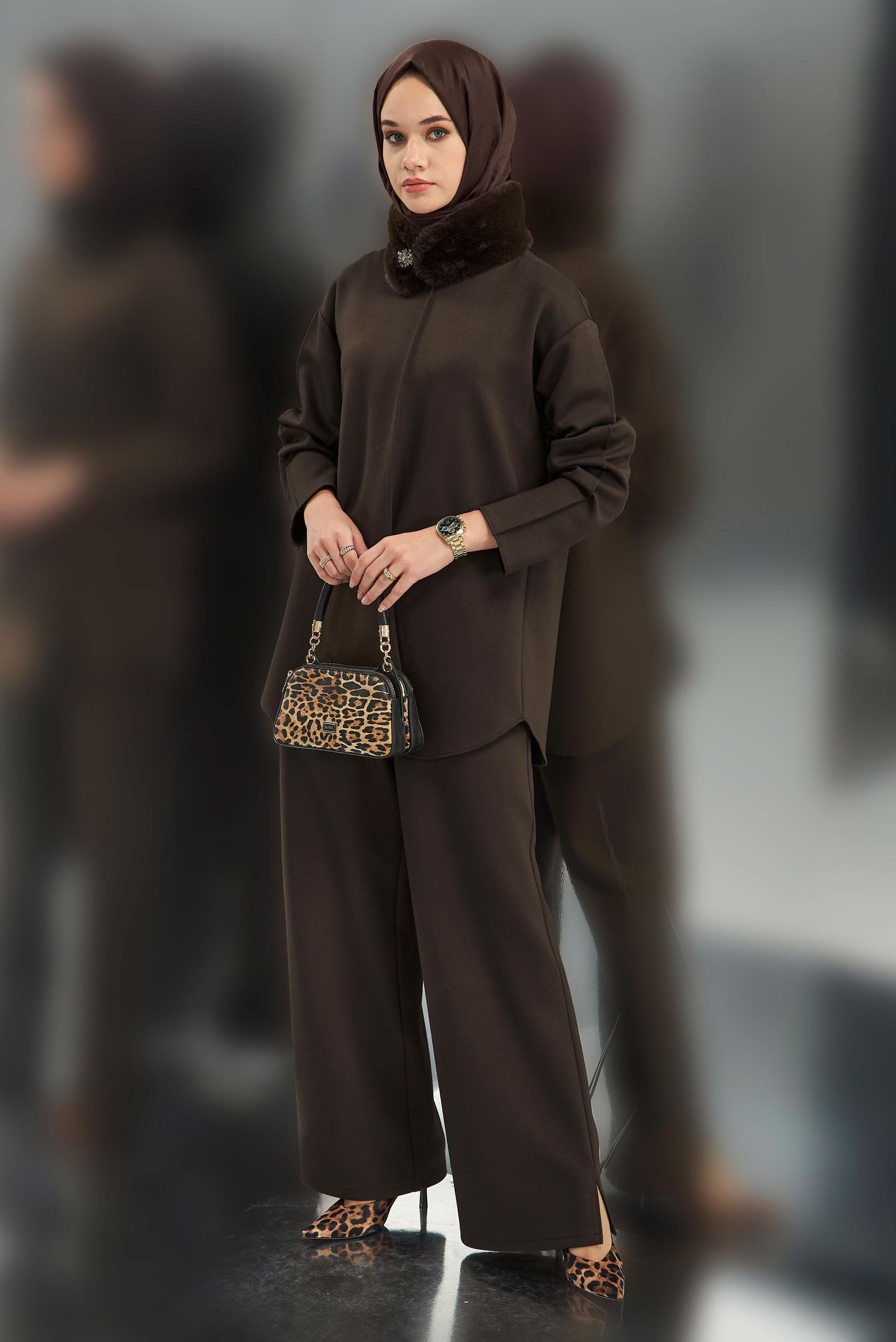 Tesettür giyim KAHVE KÜRK DETAYLI PANTOLONLU TAKIM 45086
