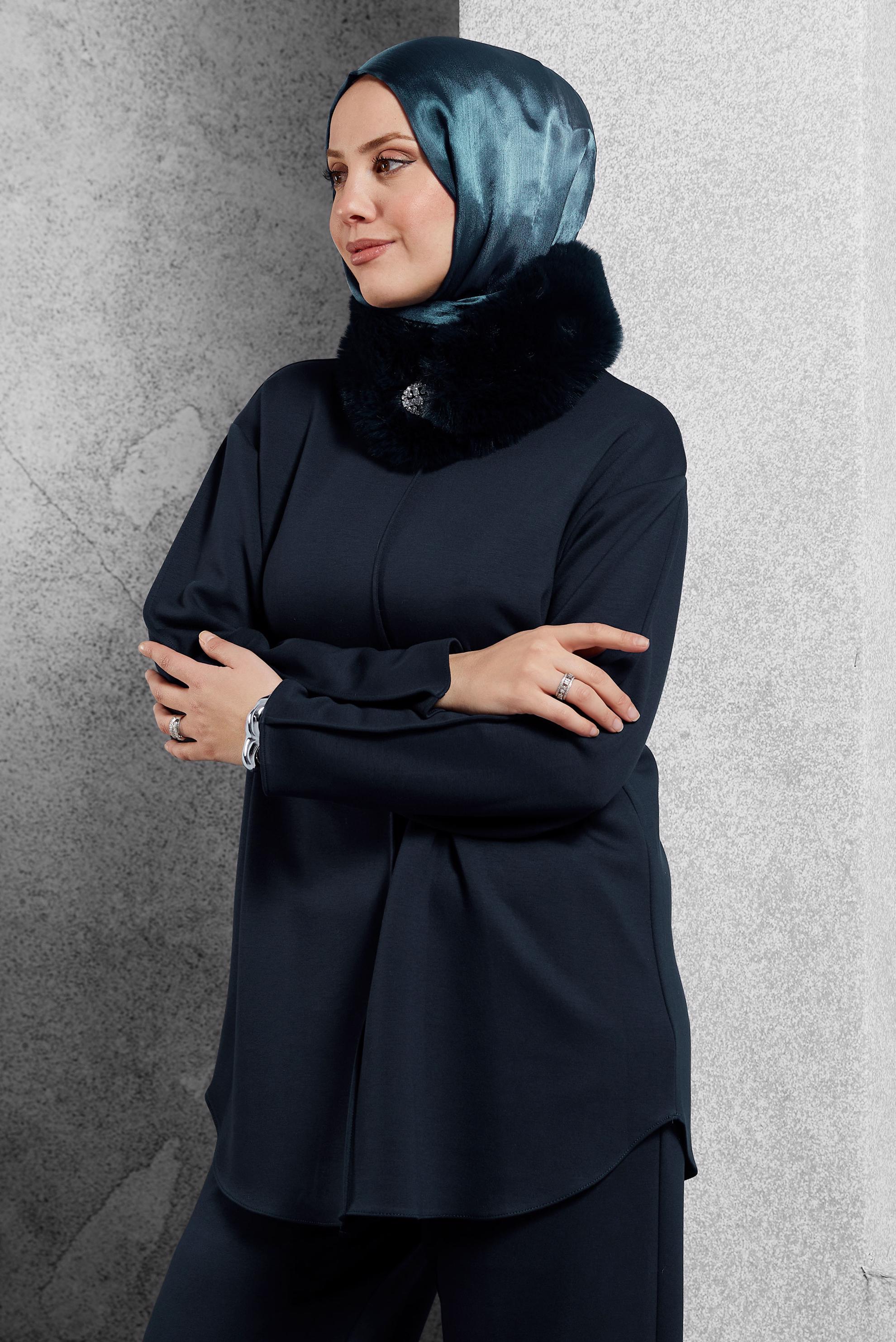 Tesettür giyim LACİVERT KÜRK DETAYLI PANTOLONLU TAKIM 45086