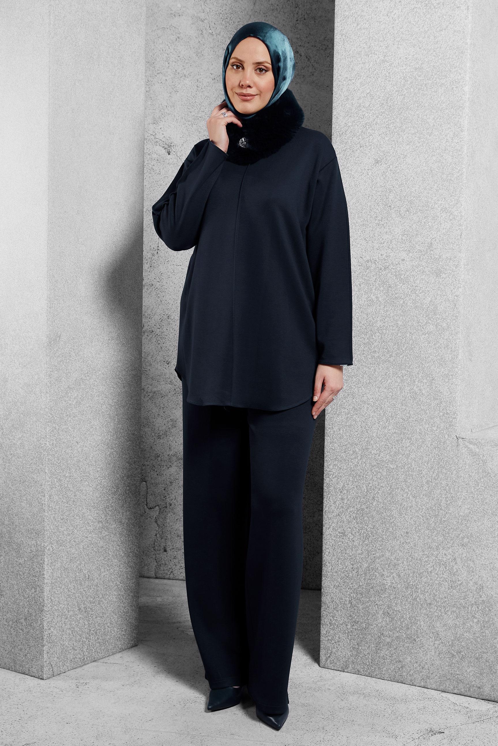 Tesettür giyim LACİVERT KÜRK DETAYLI PANTOLONLU TAKIM 45086