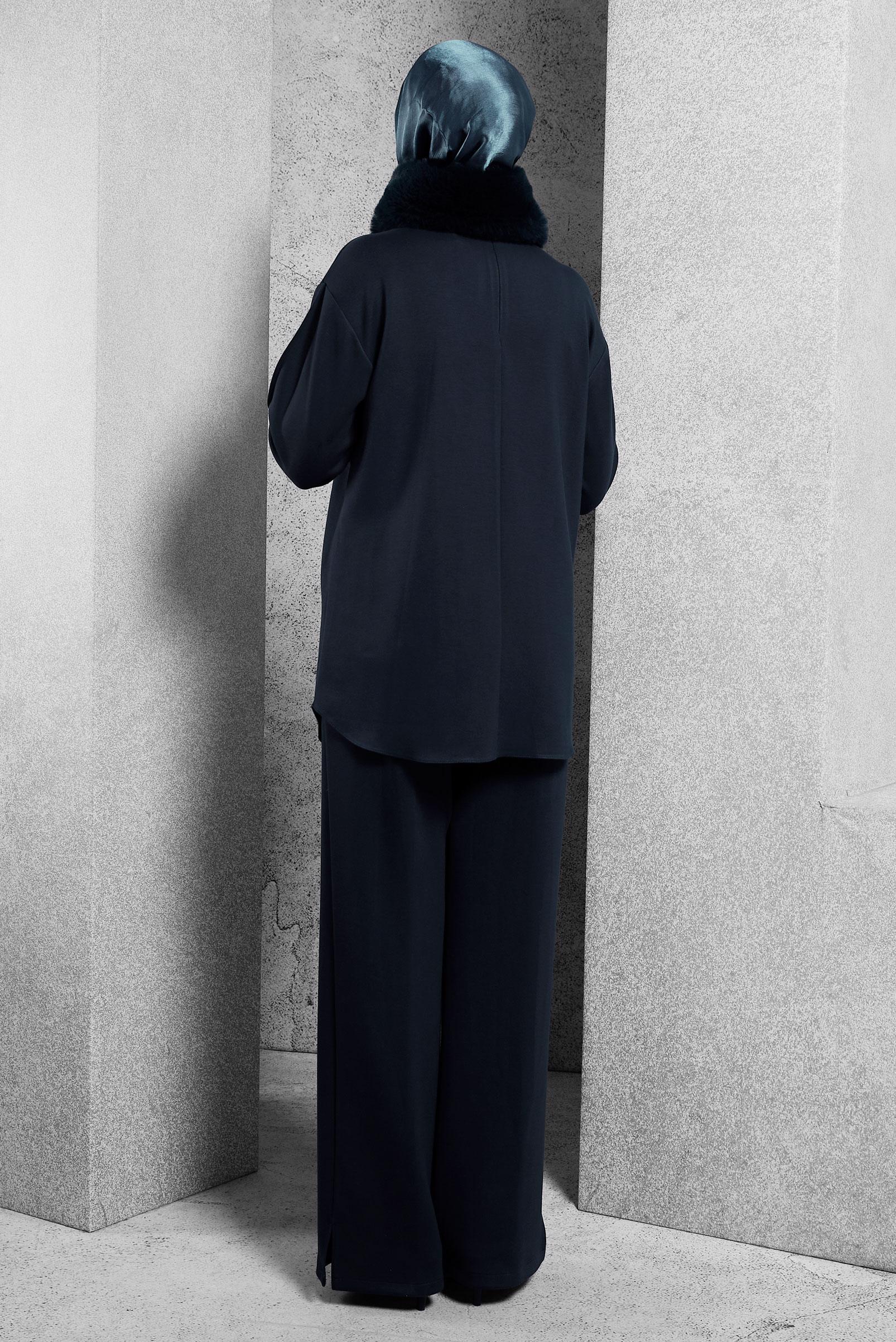 Tesettür giyim LACİVERT KÜRK DETAYLI PANTOLONLU TAKIM 45086