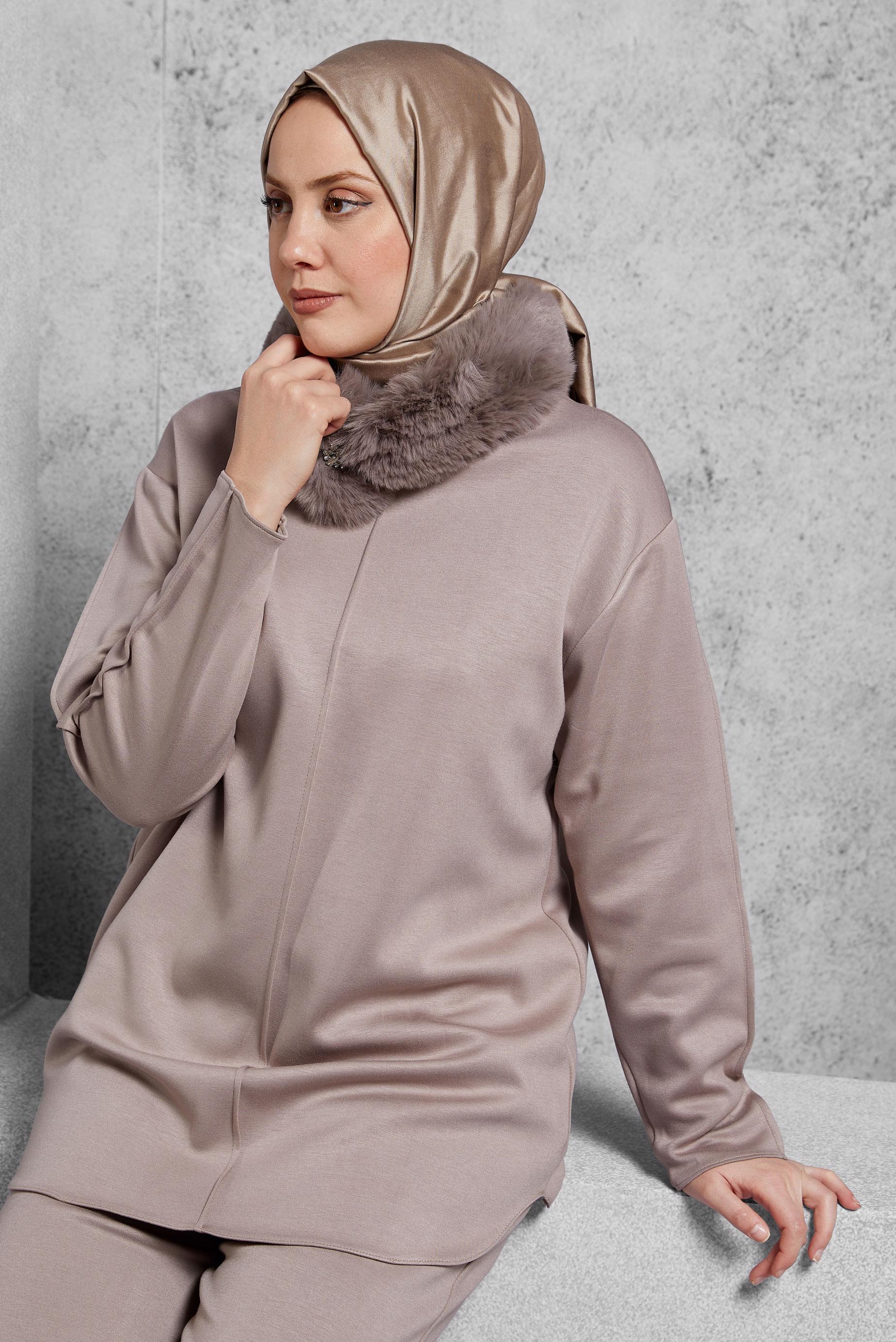 Tesettür giyim VİZON KÜRK DETAYLI PANTOLONLU TAKIM 45086