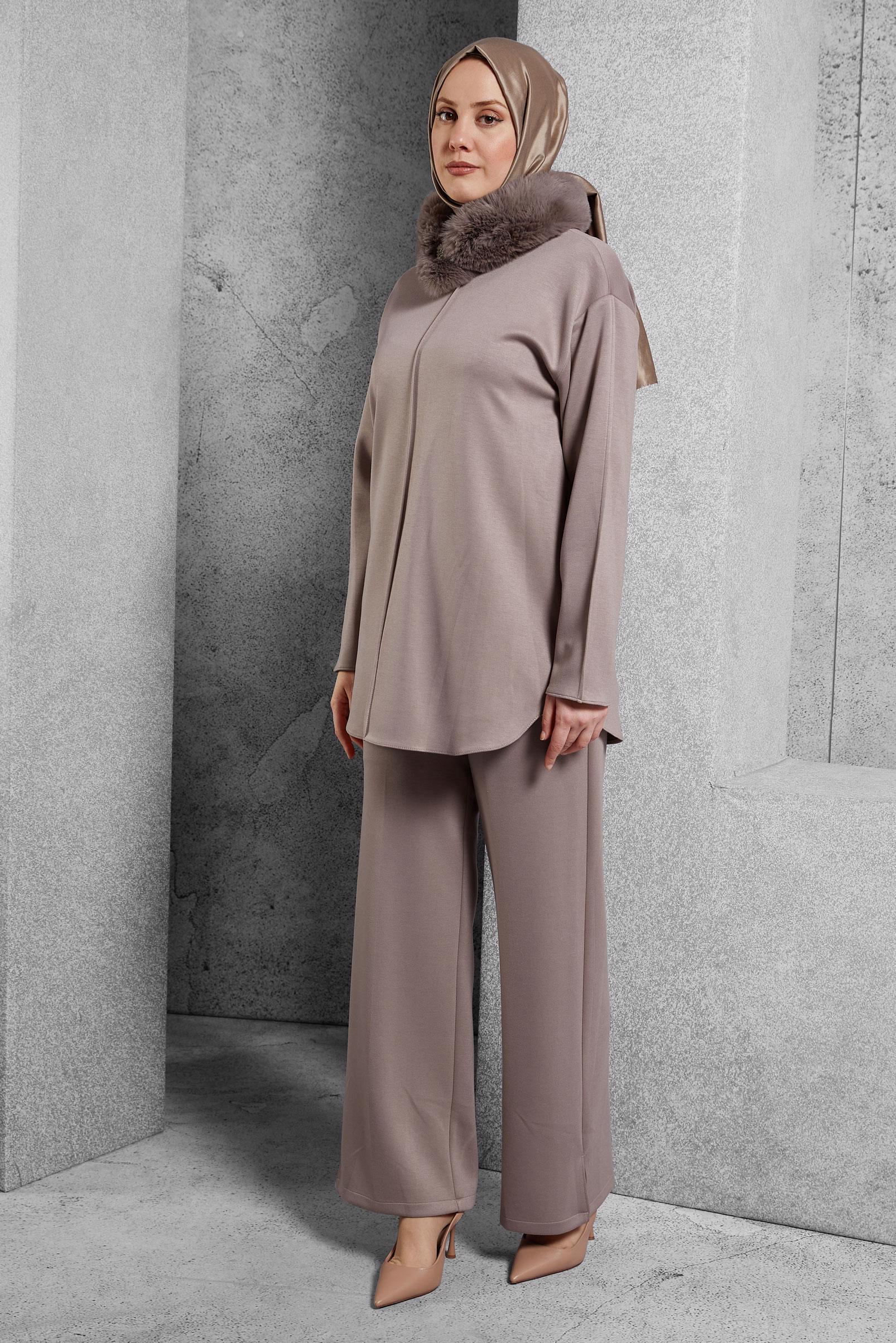 Tesettür giyim VİZON KÜRK DETAYLI PANTOLONLU TAKIM 45086