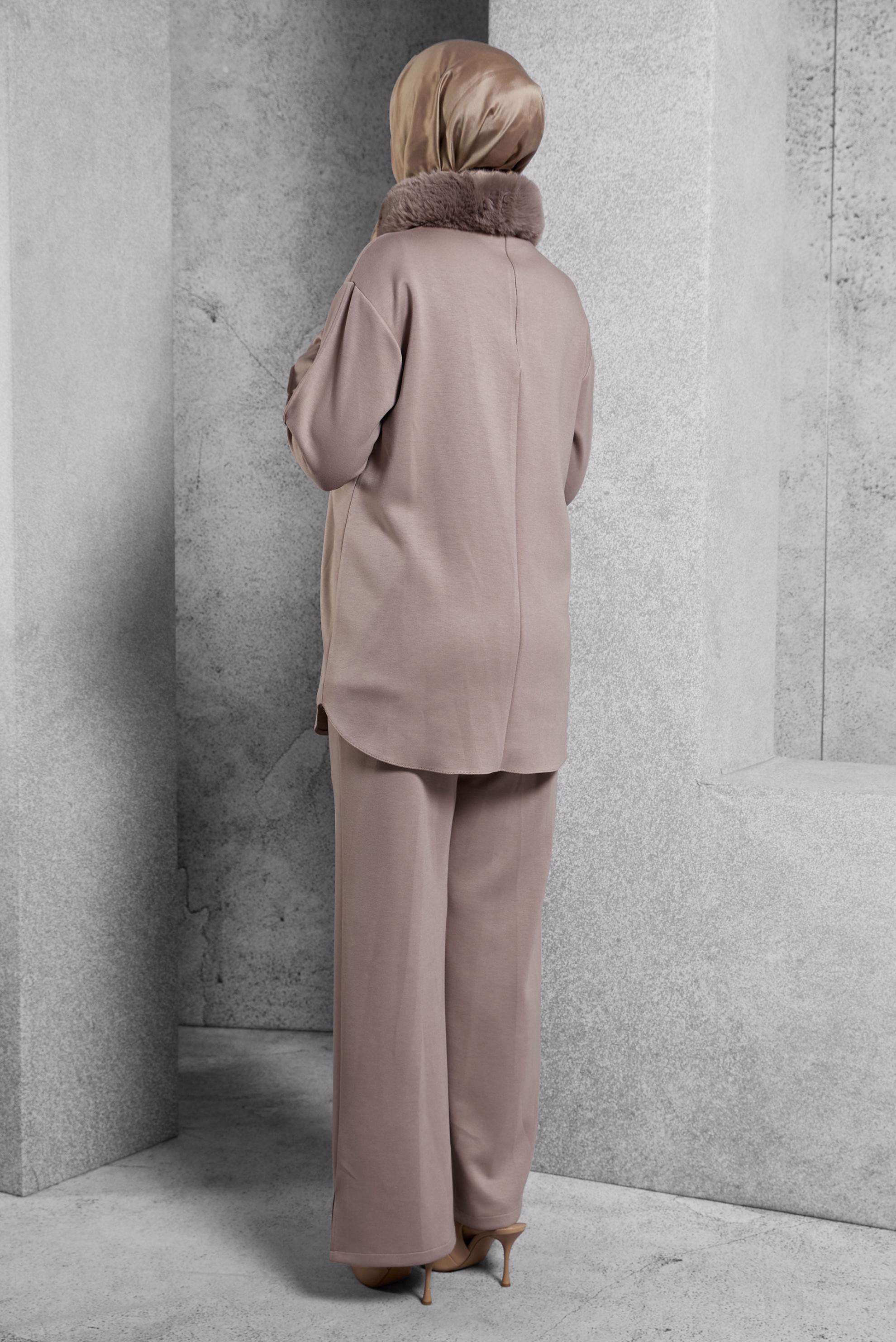 Tesettür giyim VİZON KÜRK DETAYLI PANTOLONLU TAKIM 45086