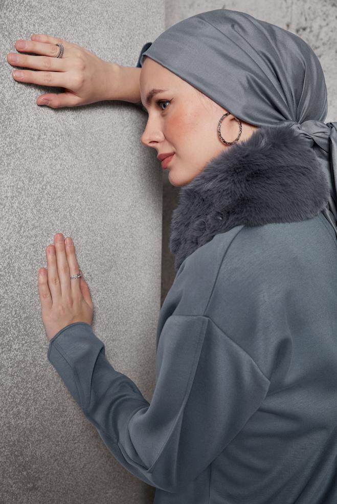 Tesettür giyim GRİ KÜRK DETAYLI PANTOLONLU TAKIM 45086 - ALVİNA