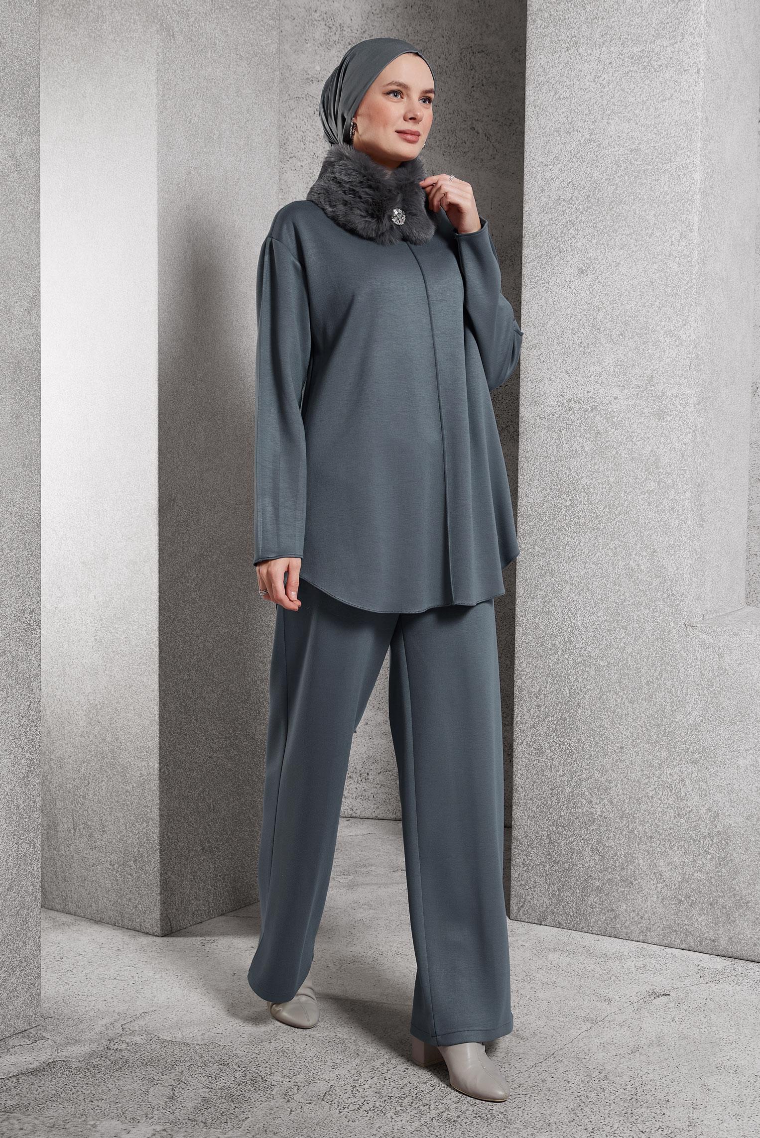 Hijab clothing GREY PANTS SUIT WITH FUR 45086