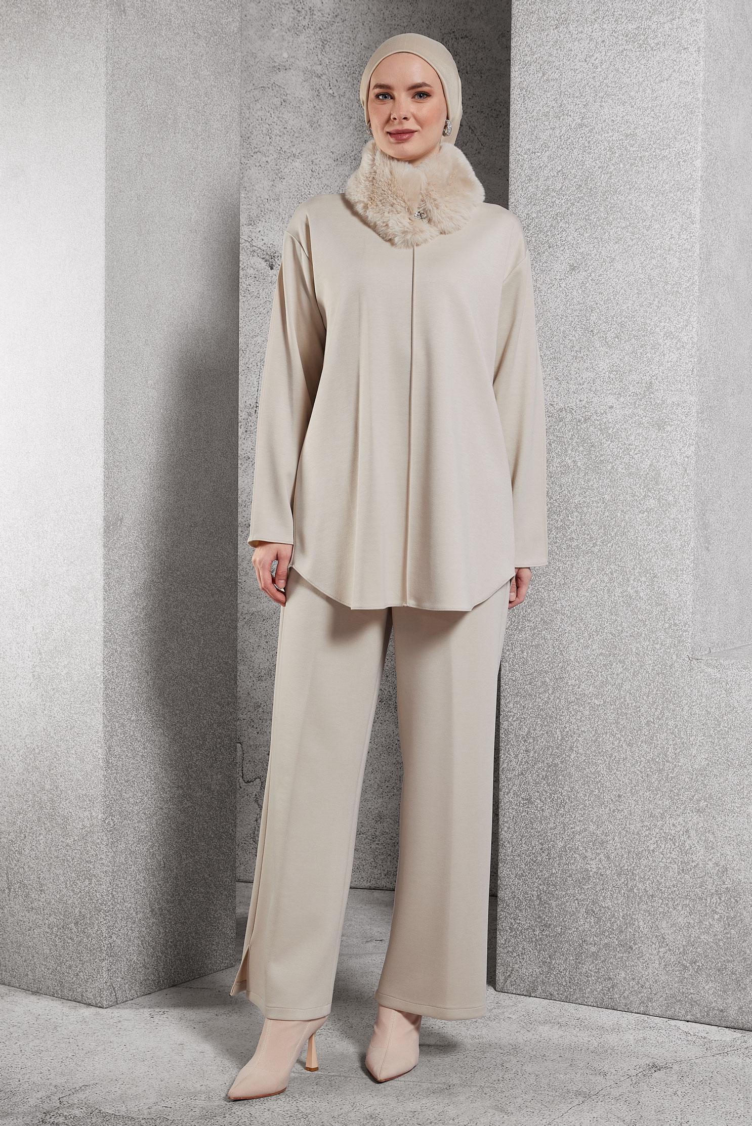 Hijab clothing ECRU PANTS SUIT WITH FUR 45086
