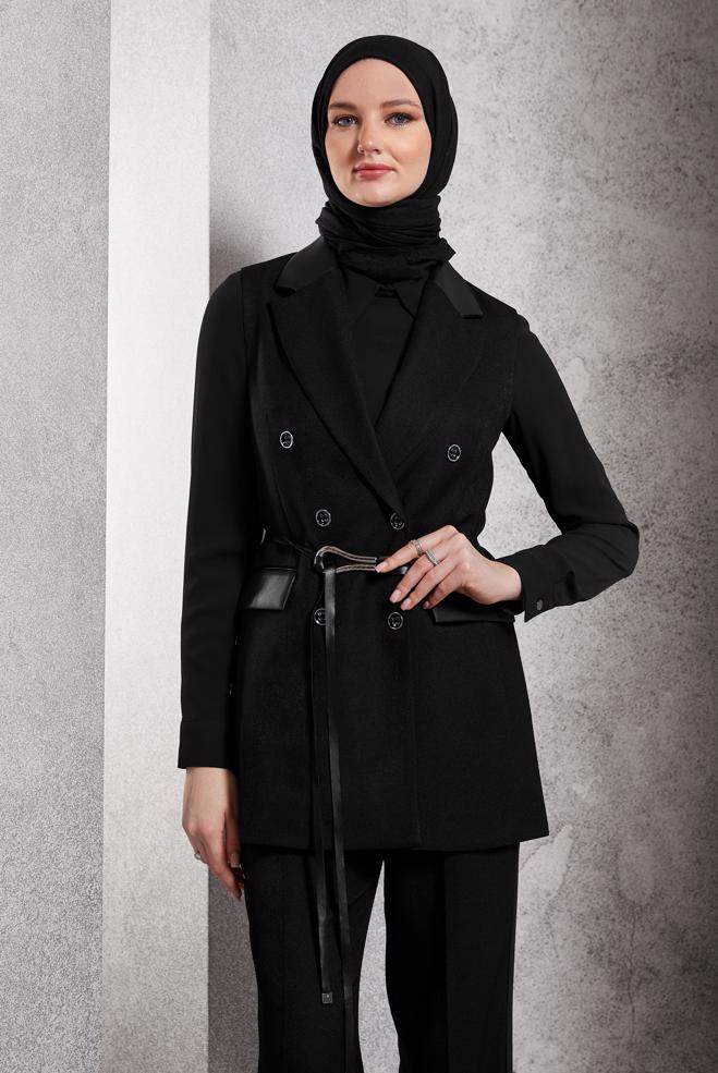 Tesettür giyim SİYAH YELEKLİ PANTOLONLU TAKIM 45089 - ALVİNA