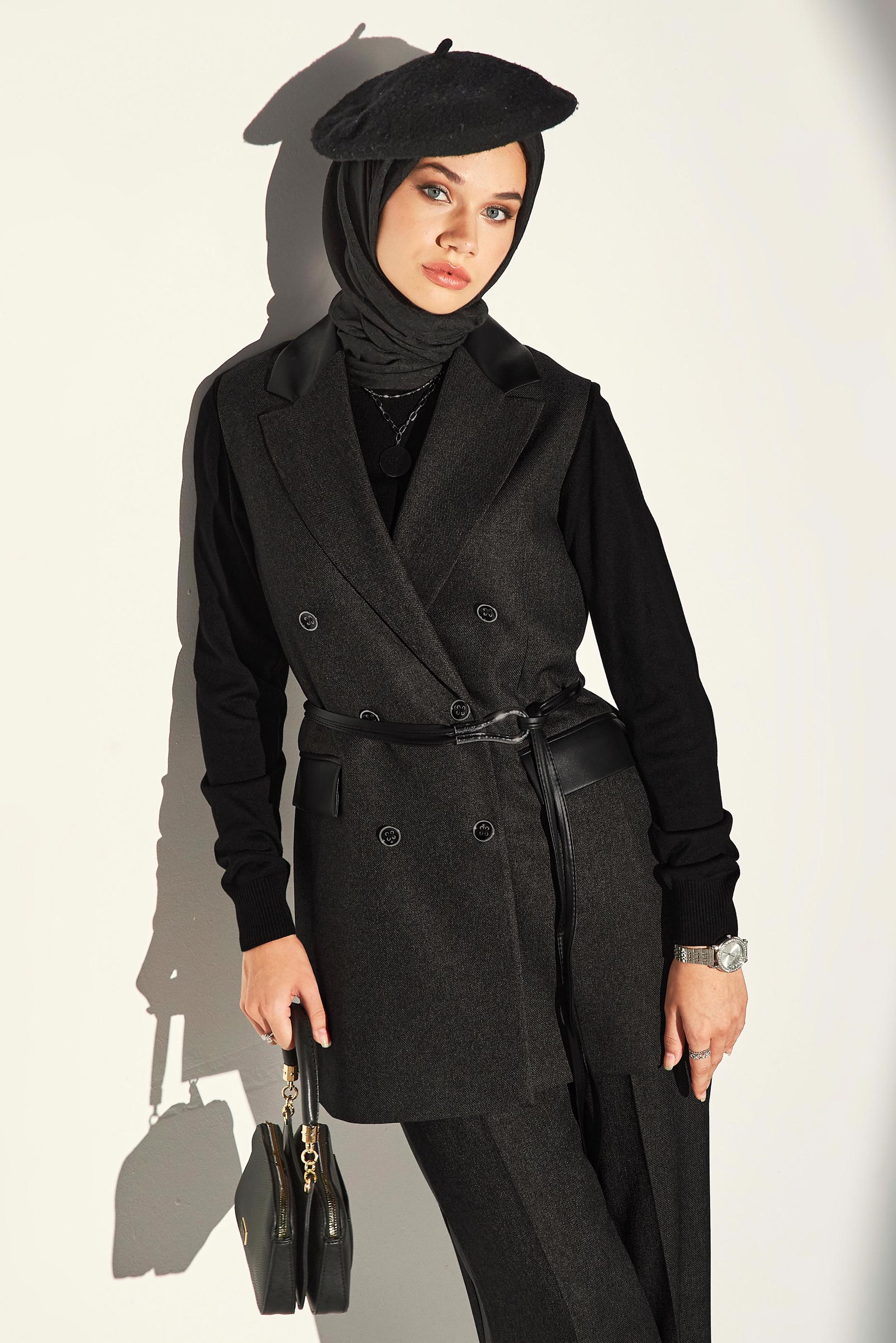 Tesettür giyim GRİ YELEKLİ PANTOLONLU TAKIM 45089