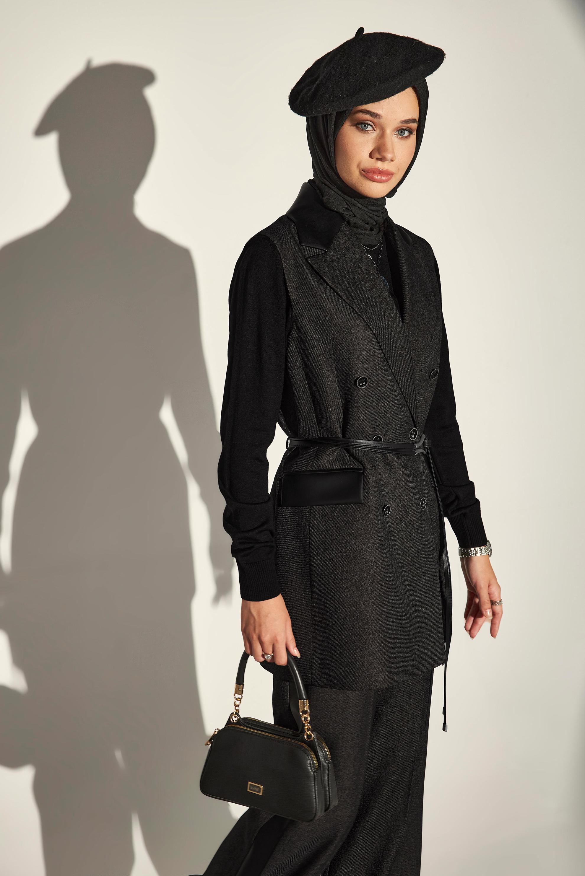 Tesettür giyim GRİ YELEKLİ PANTOLONLU TAKIM 45089